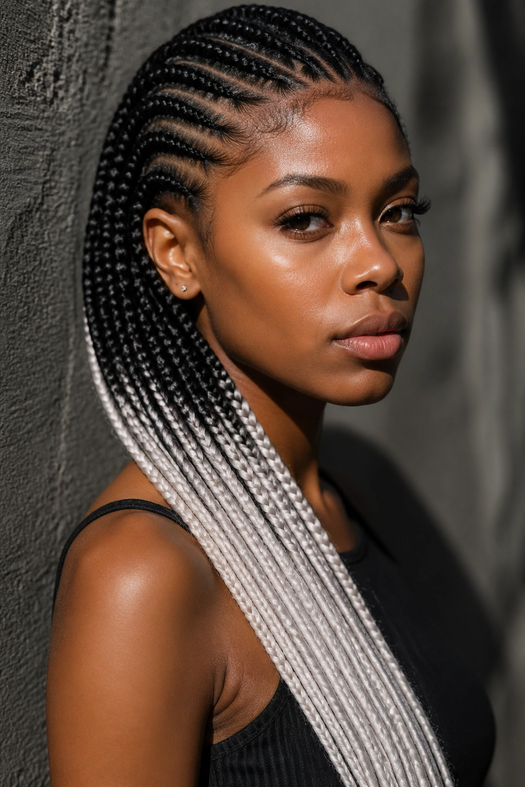 Close-up of real person with black to white ombre cornrows in a stark high-contrast setting