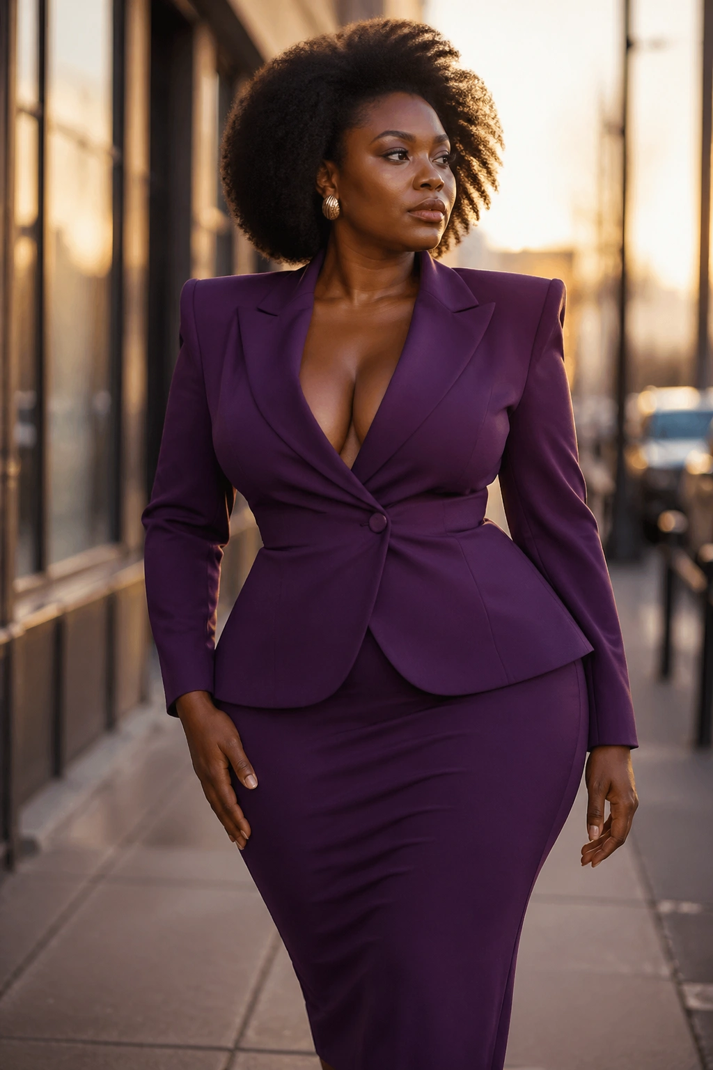 Woman in a matching blazer and pencil skirt with wide shoulders outdoors.