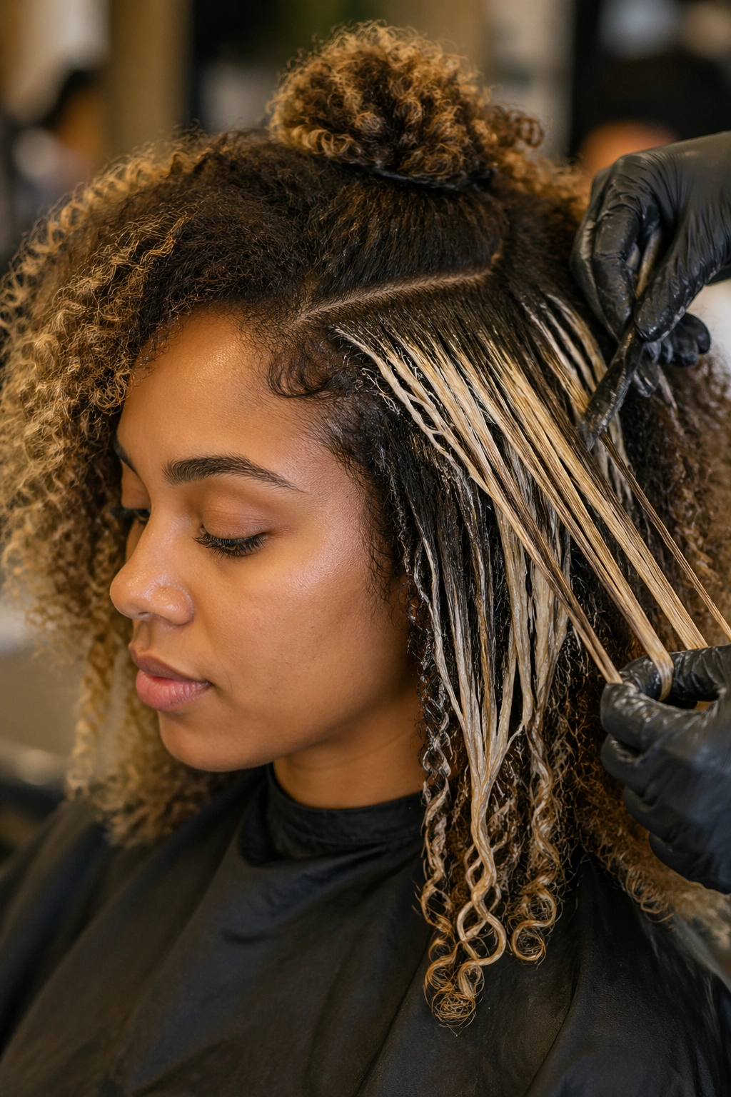 Close-up of a real woman's curls in salon lighting showing lightened sections