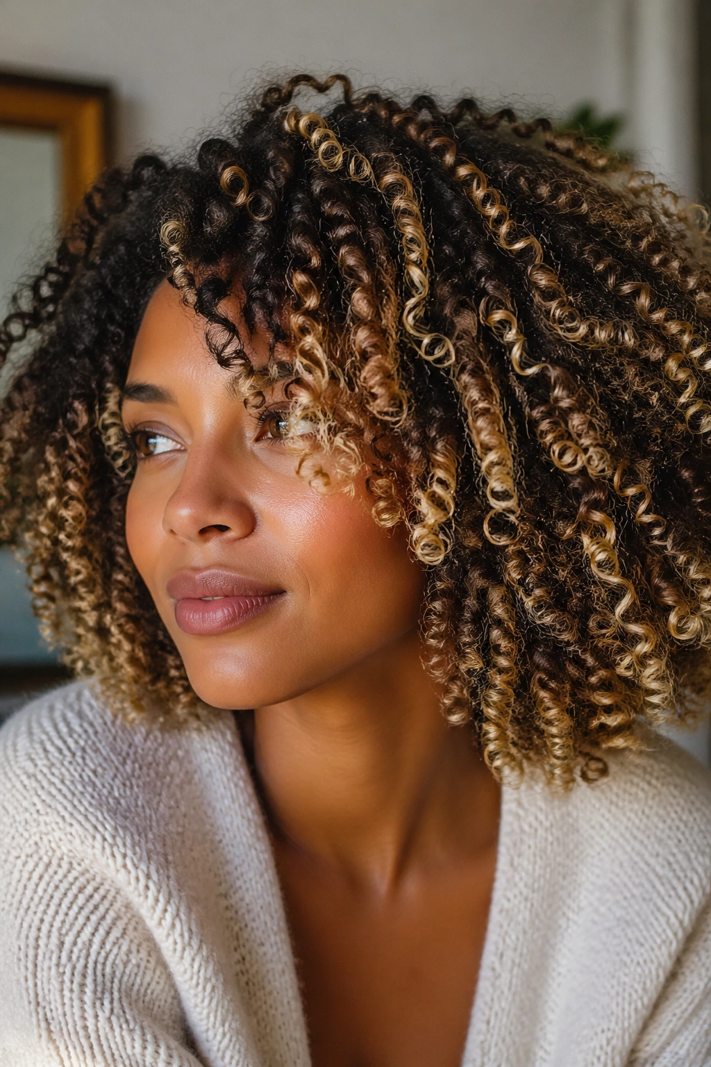 Close-up of a Black woman with natural curls and blonde highlights in warm window light