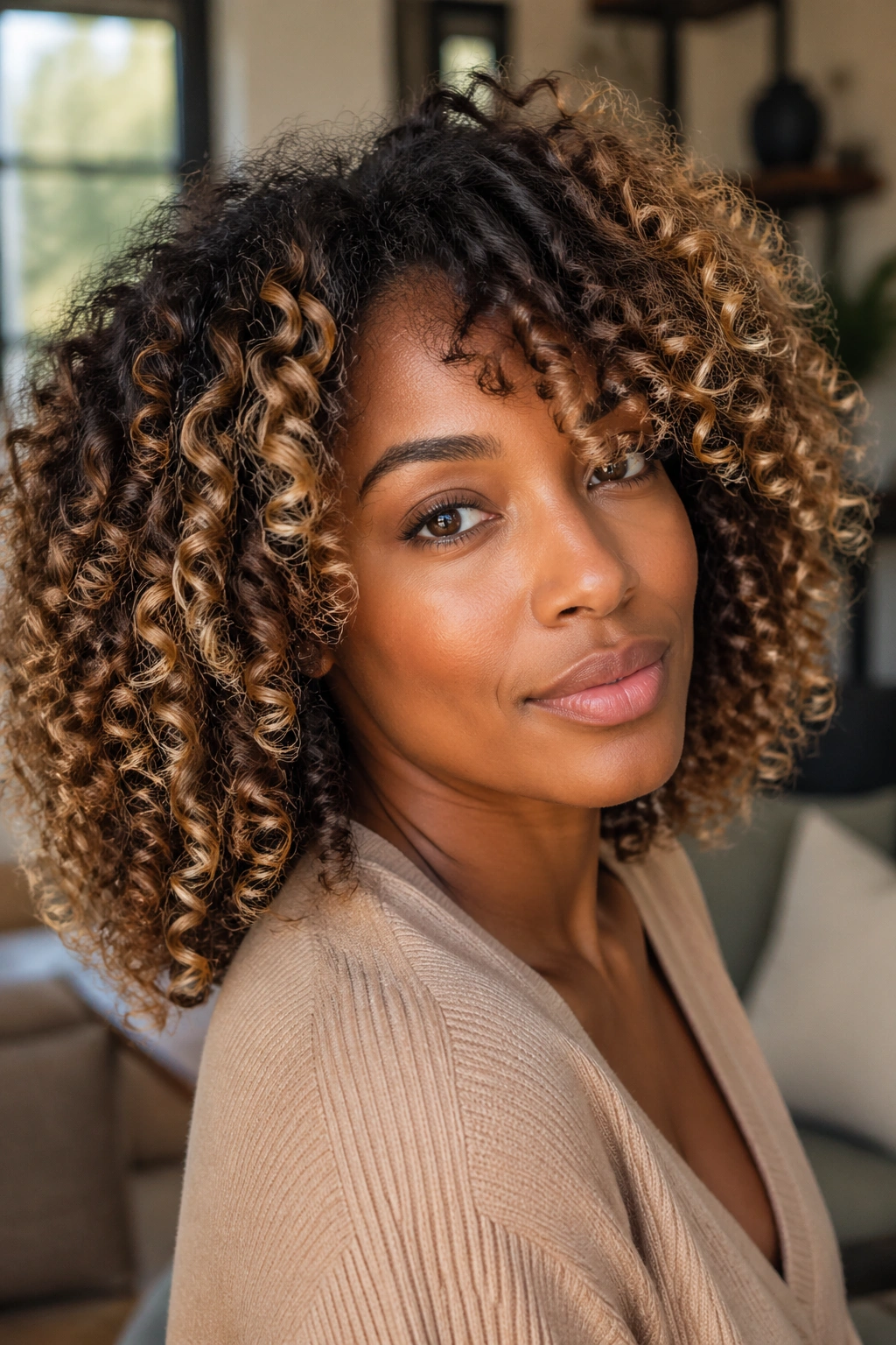 Close-up of a real woman with curly natural hair and warm blonde highlights