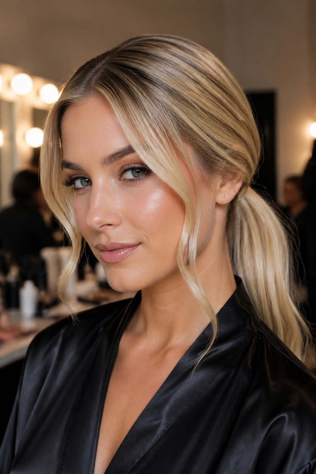 Close-up of a real blonde woman with sculpted low ponytail and face-framing tendrils in backstage lighting