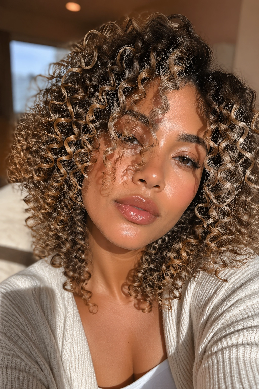 Close-up of curly hair with a range of blonde shades in soft natural light