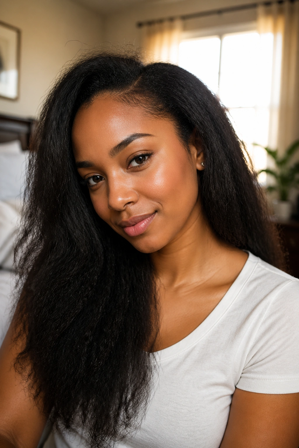 Close-up portrait of a woman with stretched curls achieved by low-heat blow-drying.