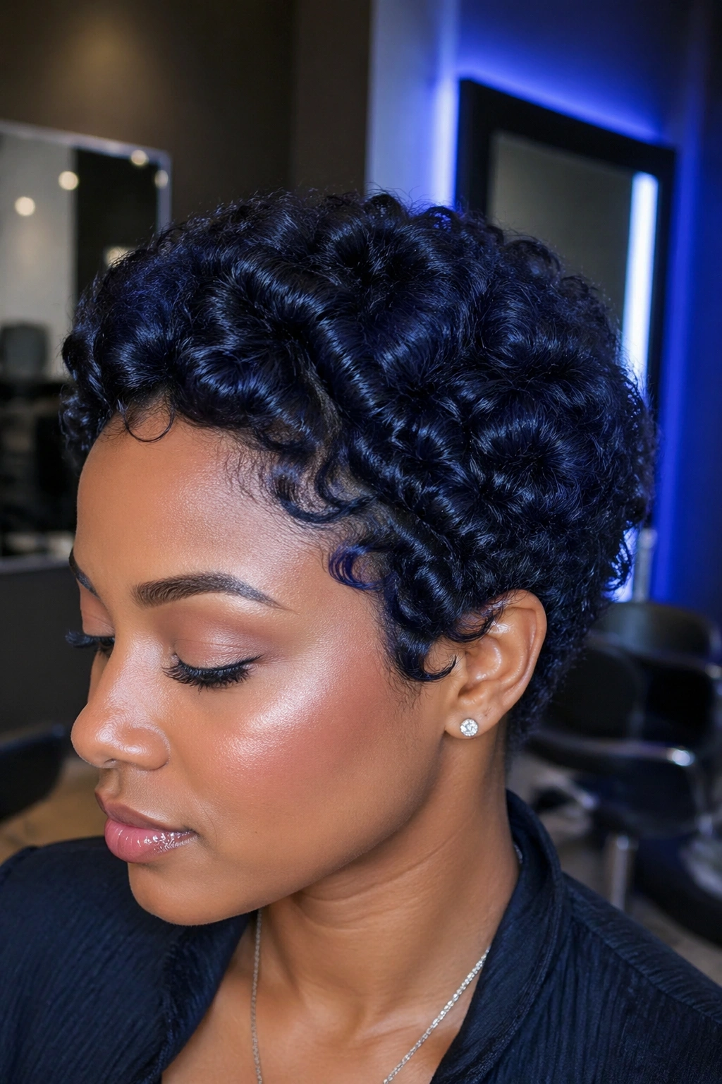 Close-up of a person with blue-black short curly hair.