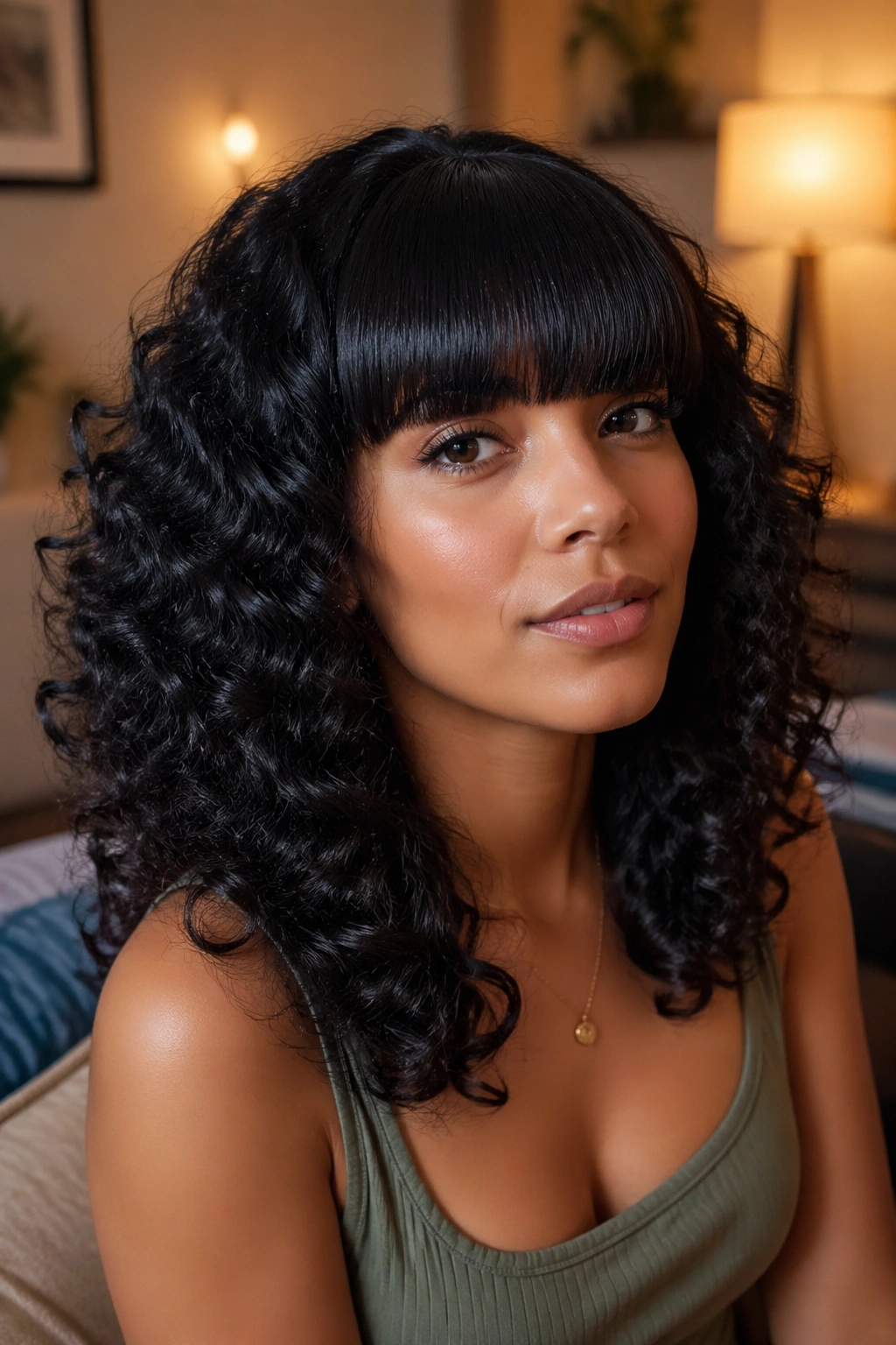 Close-up portrait of a woman showing a blunt straight bang with natural curl body in a cozy setting