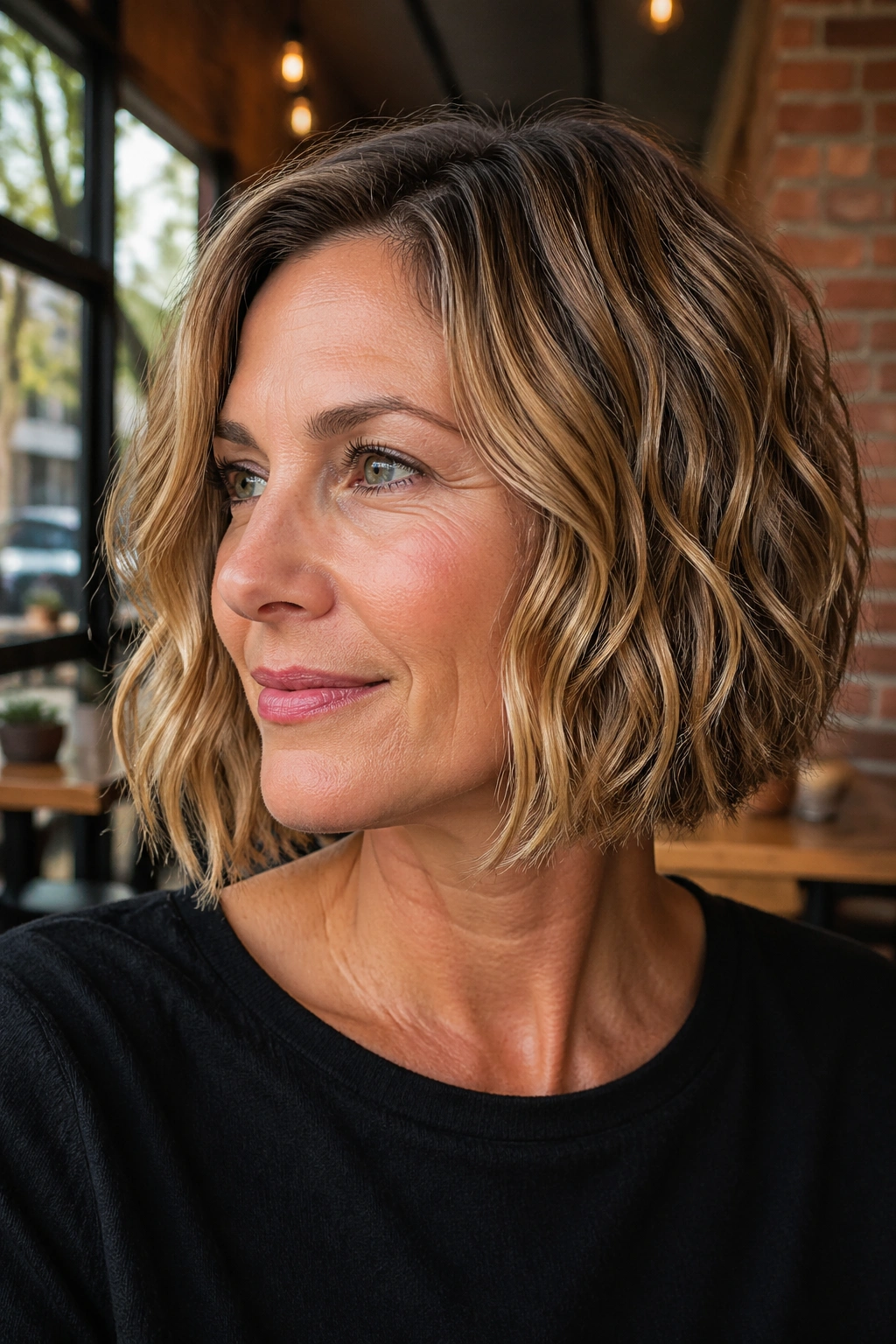 Close-up of a real woman with a blunt bob and internal texture.