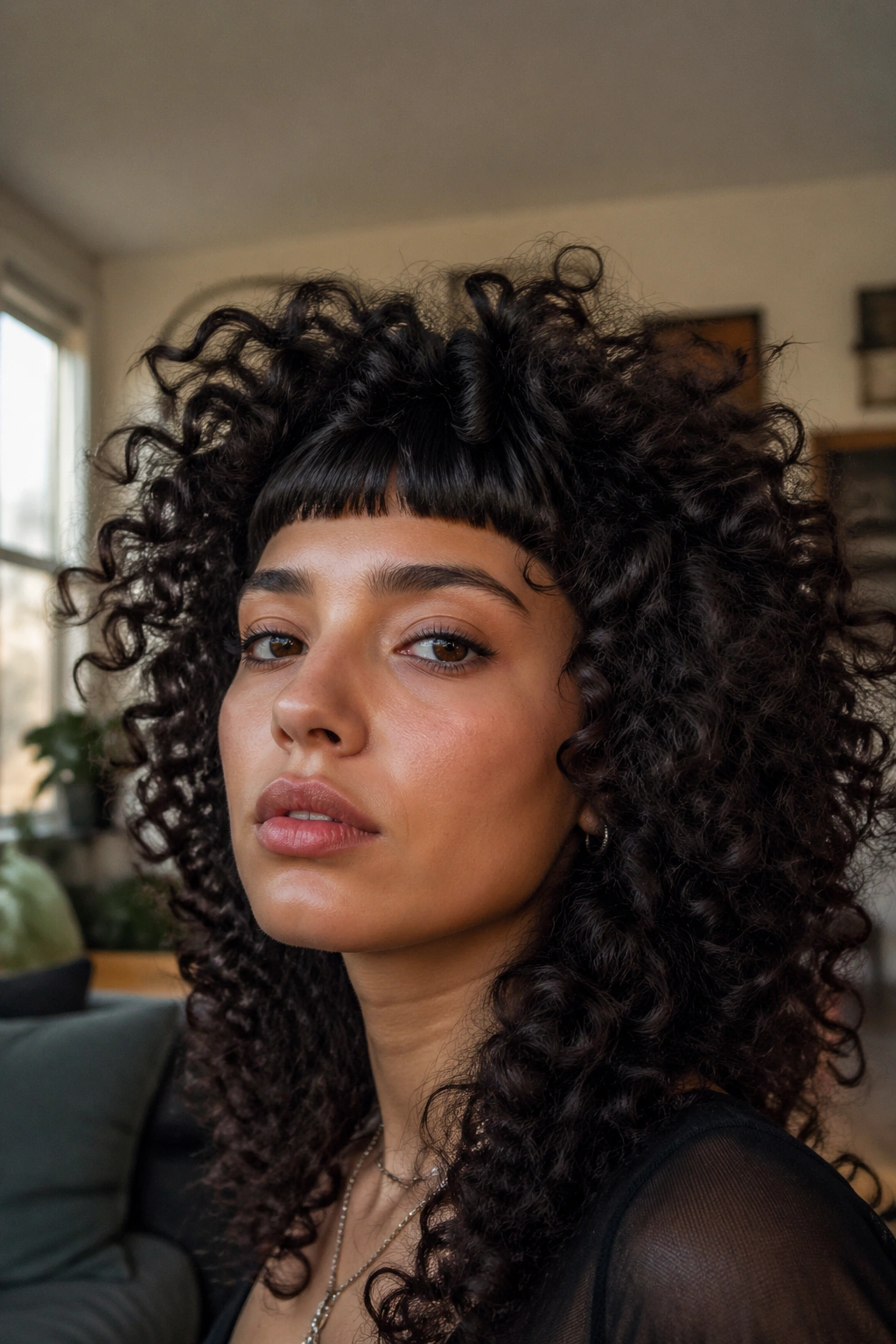 Close-up portrait of a real person with blunt micro bangs and a full head of curly hair, warm window light