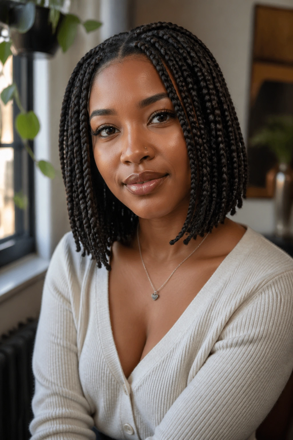 Real woman with chin- to shoulder-length bob box braids portrait