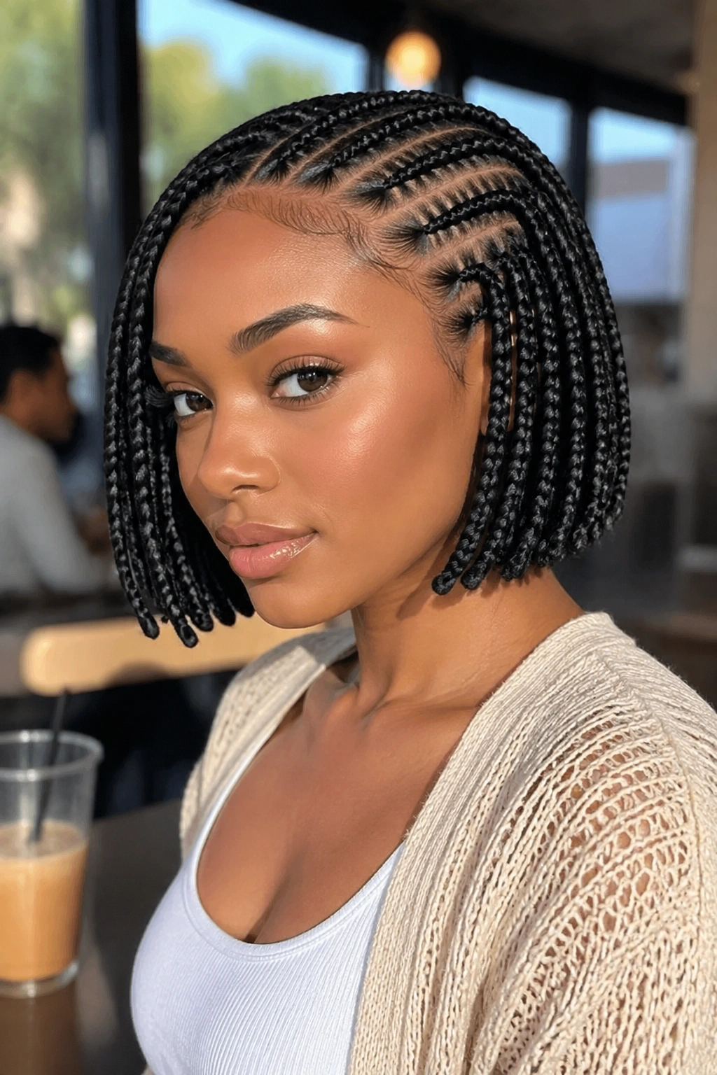Real woman with bob-length feed-in cornrows in a sunny setting