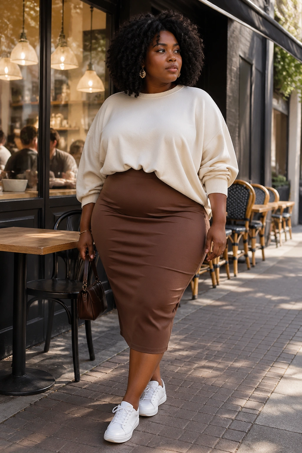 Woman with Afro hairstyle wearing a bodycon midi skirt and oversized top outdoors.