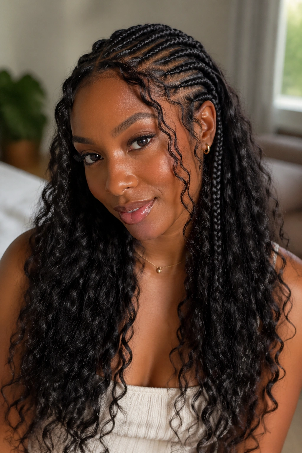 Close-up portrait of a real woman with bohemian cornrows transitioning to loose curls