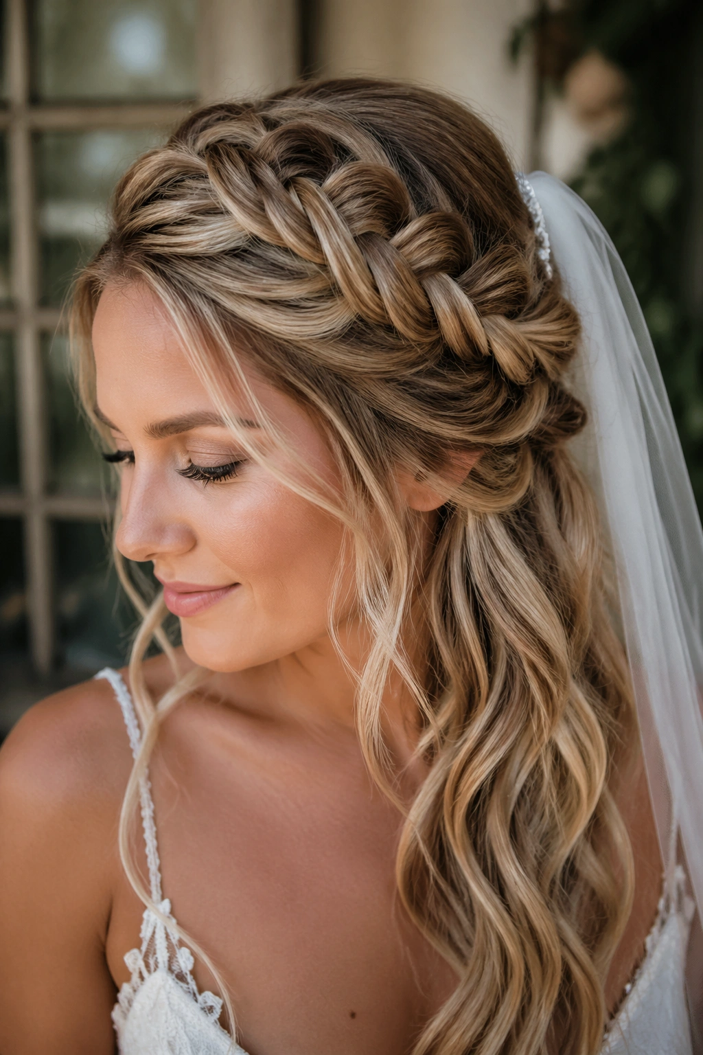 Portrait of a woman with a side-swept boho braid and veil anchor