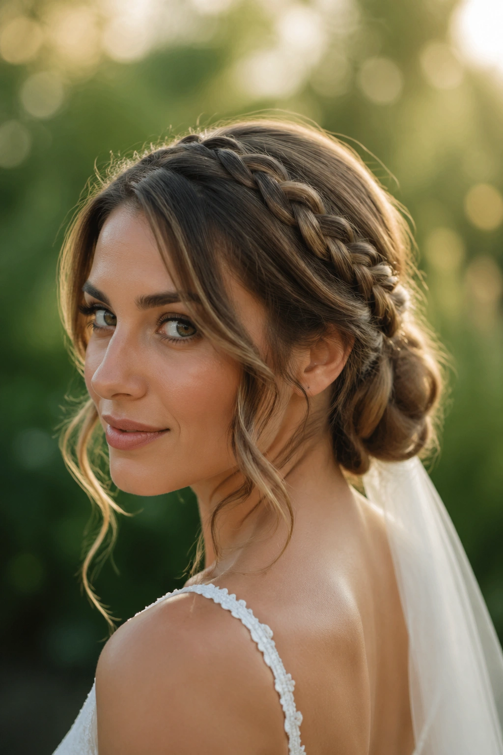 Close-up of a real bride with a boho braided low bun and soft waves outdoors.