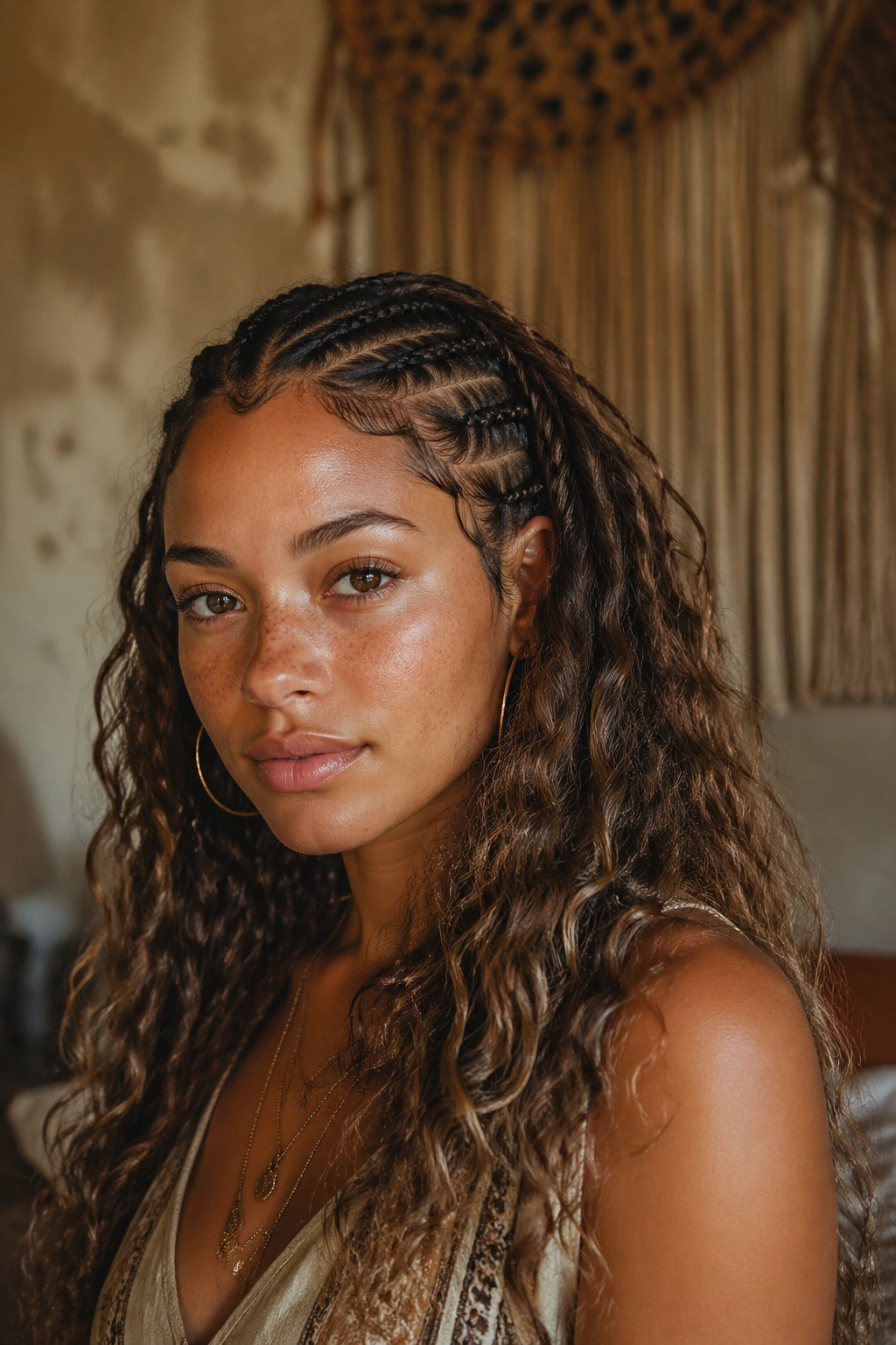 Portrait of a real woman with boho braiding style in warm light