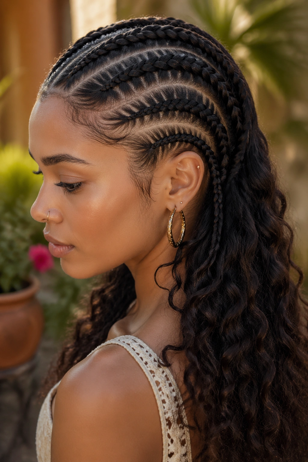 Portrait of a real person with a single accent braid along the temple in a boho cornrow style