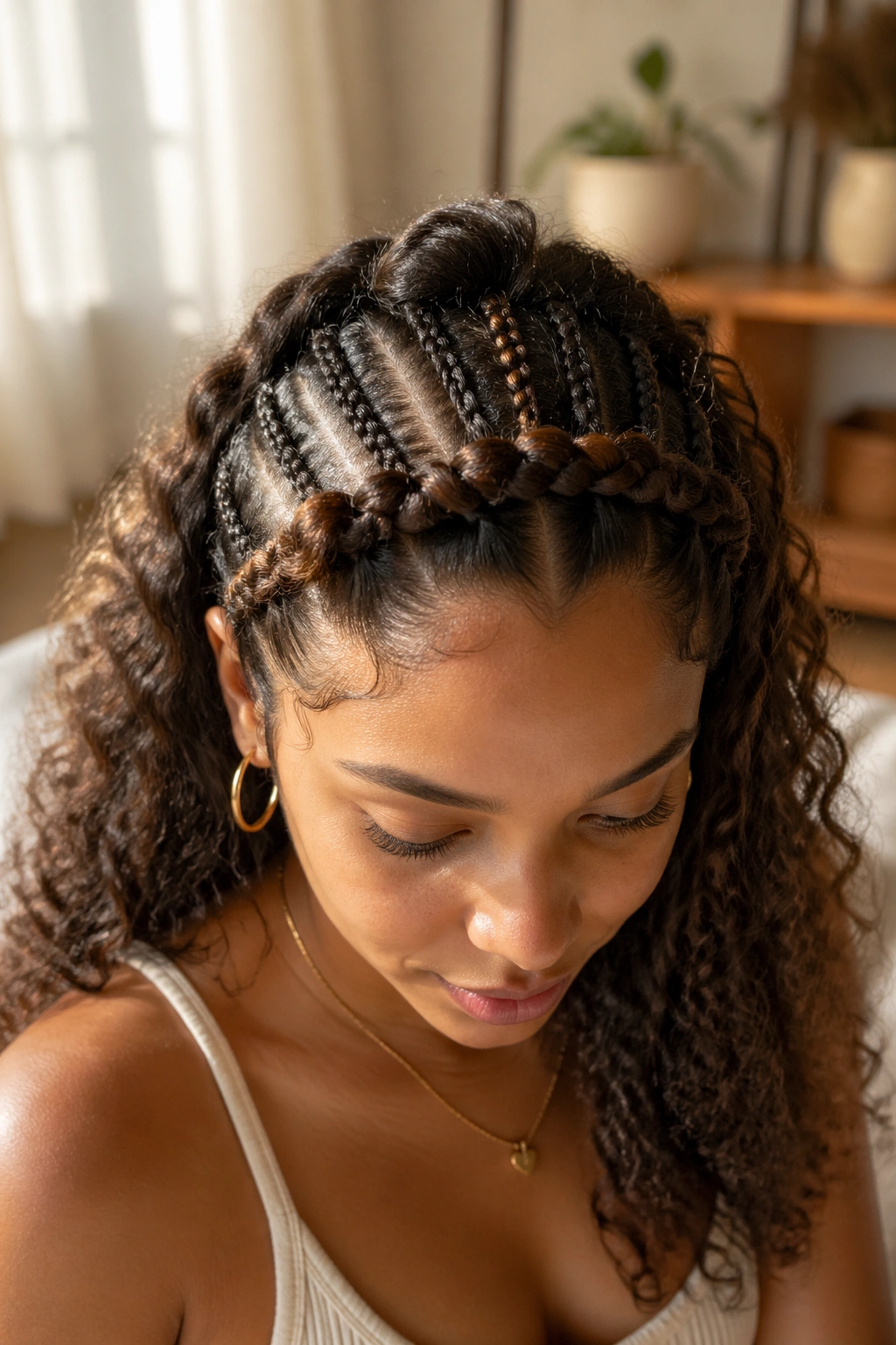 Boho cornrows with crown band of curls on a real woman