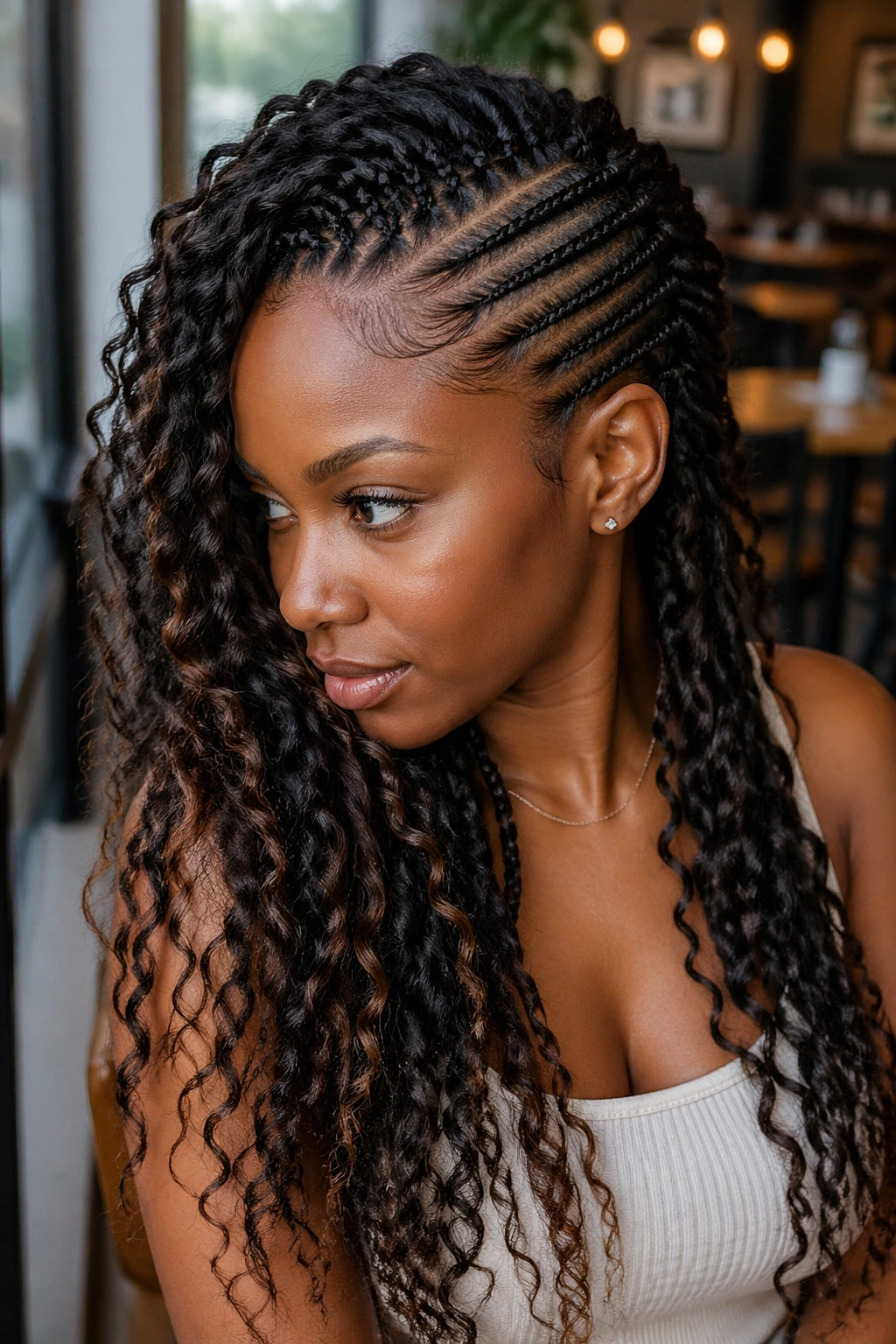 Portrait of a real woman with a deep side-part boho cornrows and curly curls