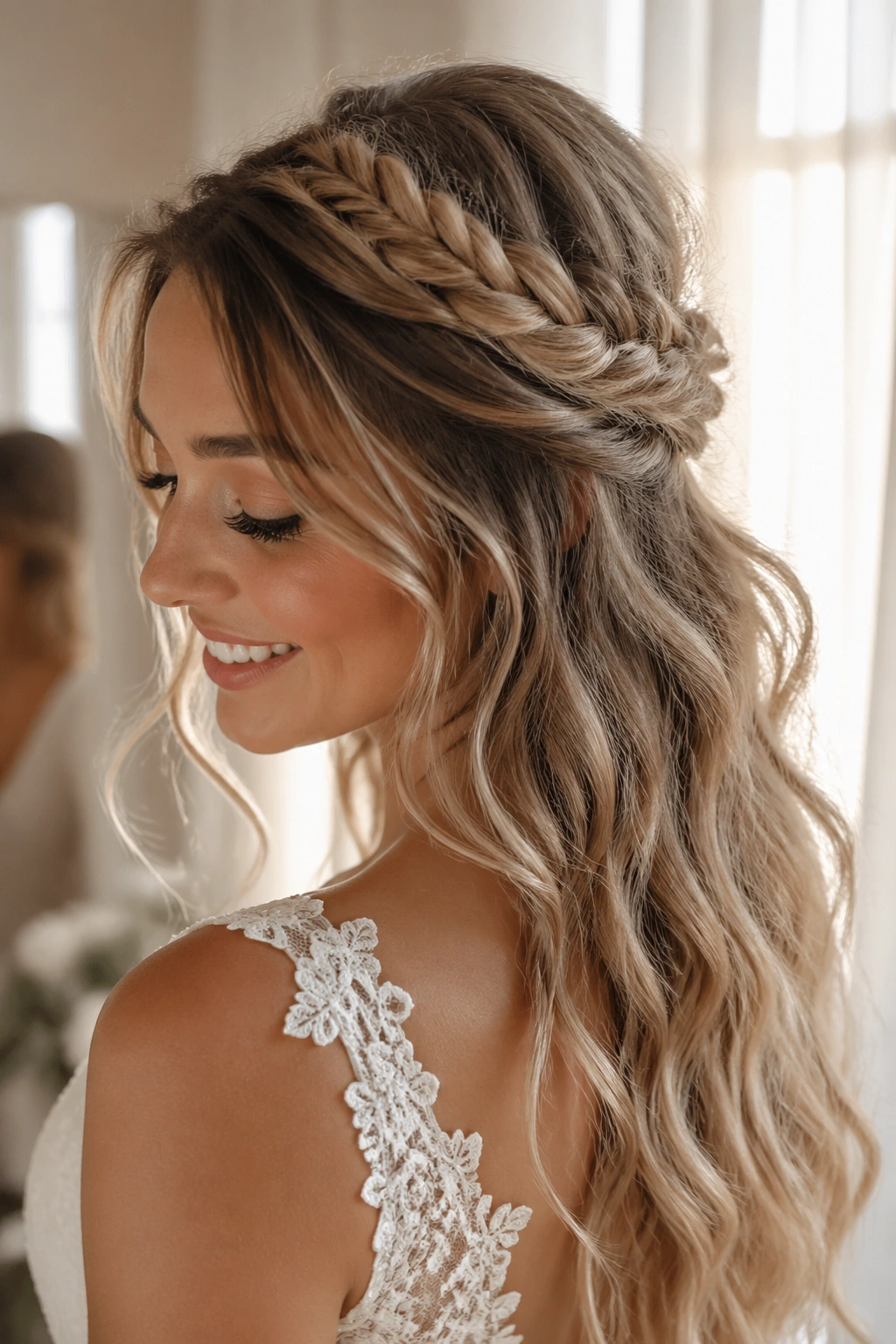Close-up of a real bride wearing a boho fishtail crown hairstyle