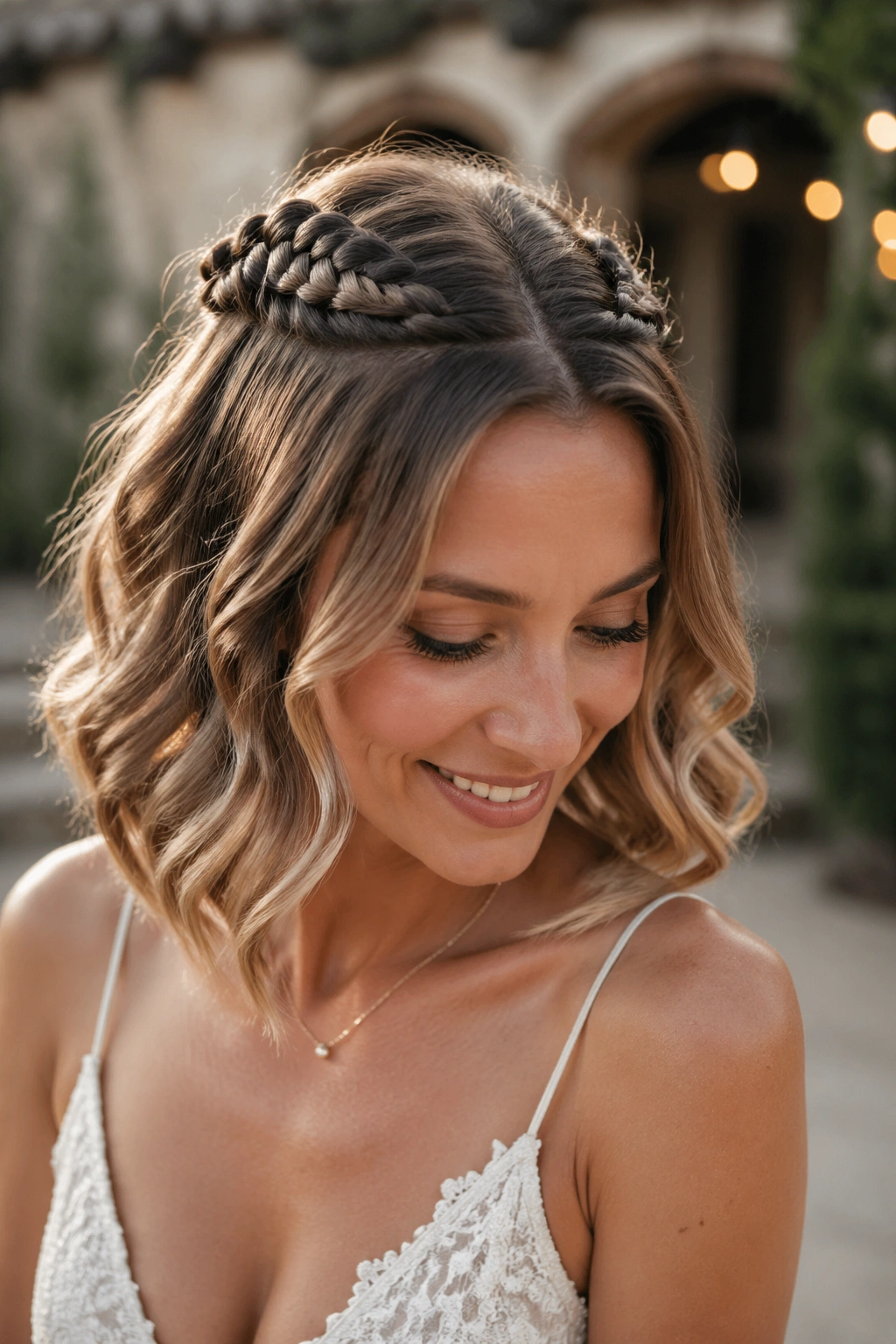 Shoulder-length hair styled in two small back braids forming crown twist