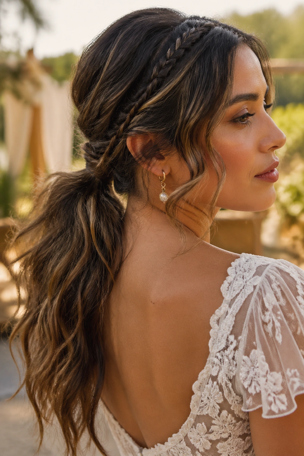 Close-up of boho wavy ponytail with micro braids on a real person