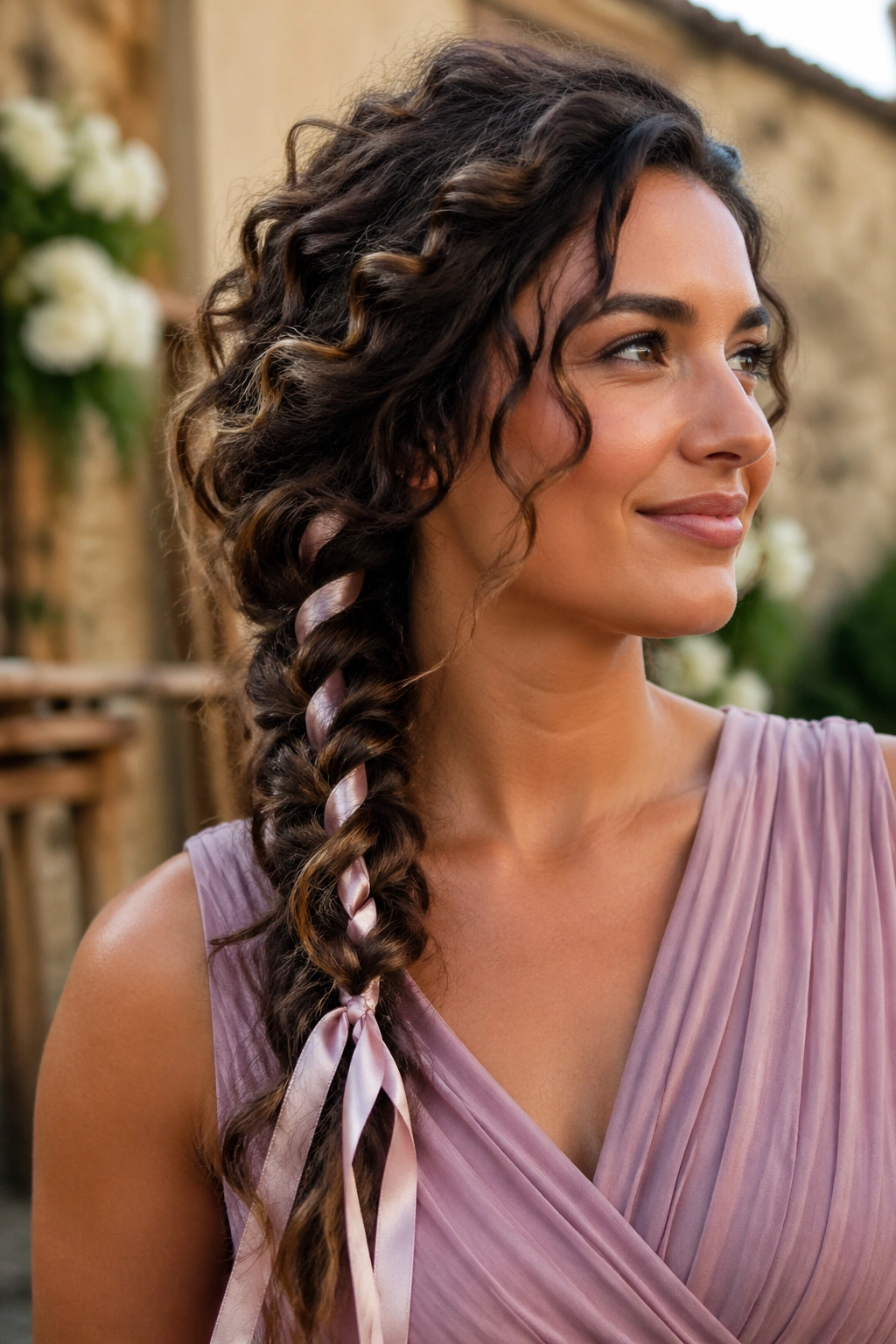 Close-up portrait of Boho Side Braid With Ribbon hairstyle on a real woman