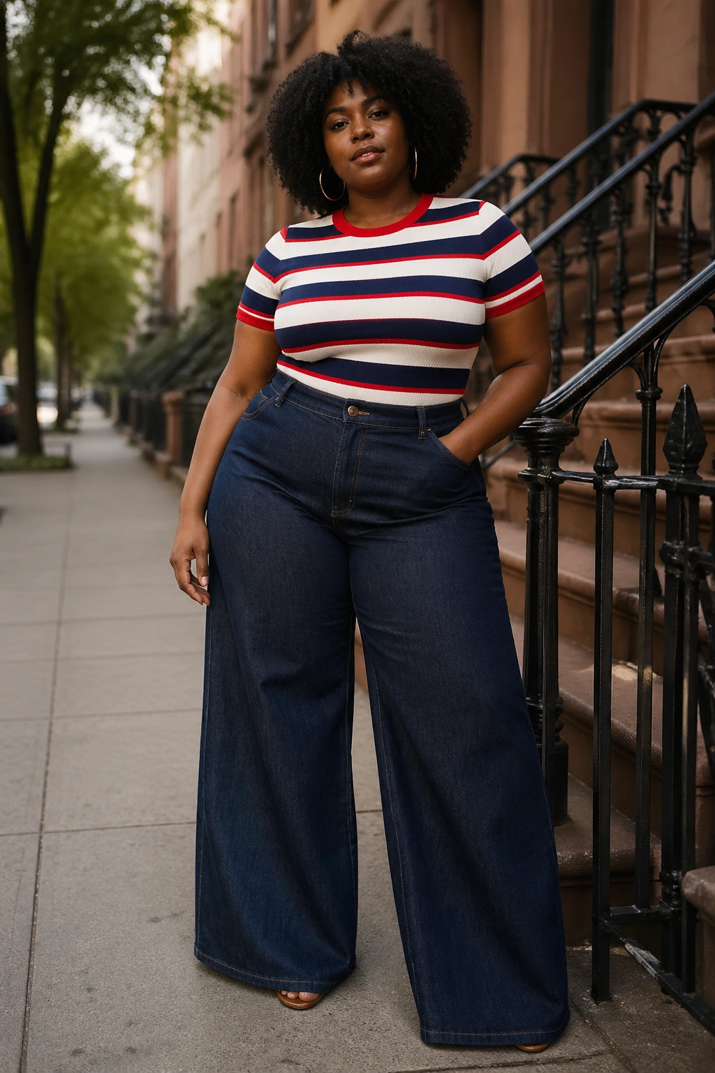 Bold stripe top with wide-leg denim on real woman in city setting