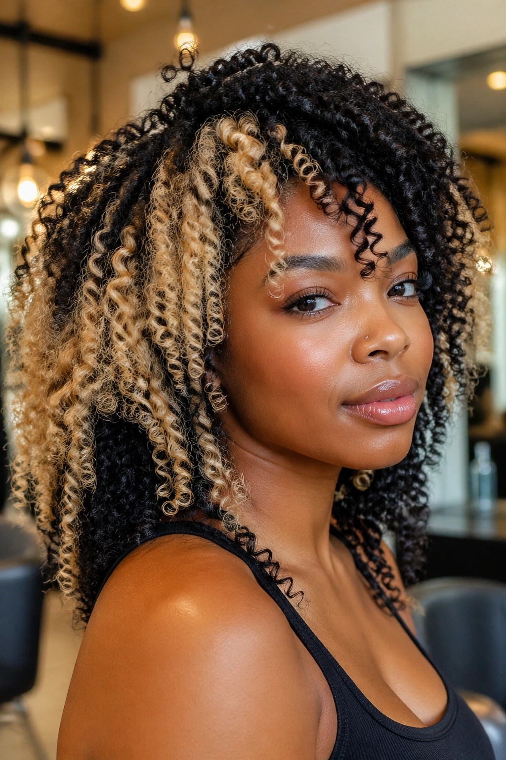 Close-up portrait of a real person with bold two-tone blonde and black curly hair