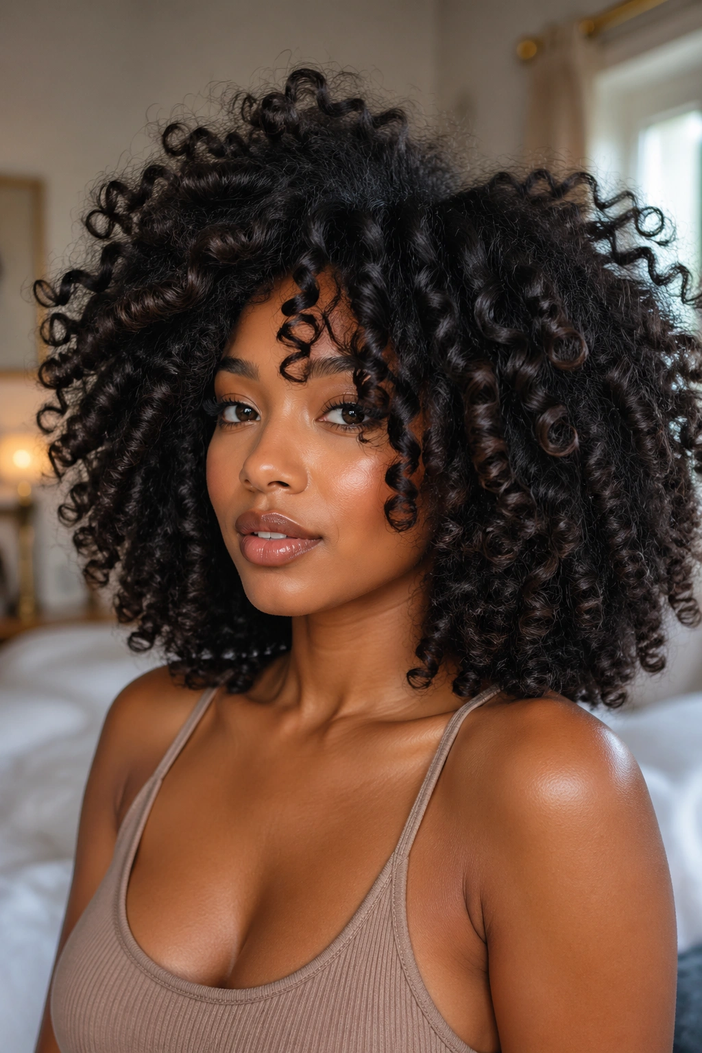 Close-up portrait of a real woman with bombshell curls on natural hair in warm window light.