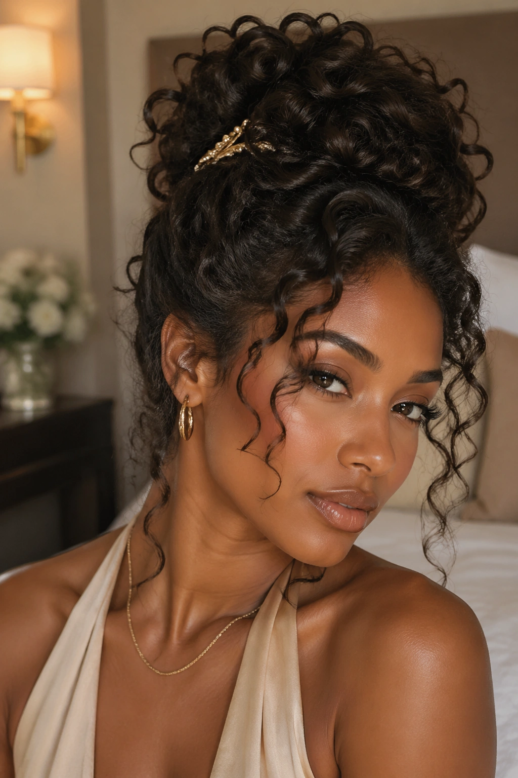 Real person with a high curly bun and curling tendrils framing the face