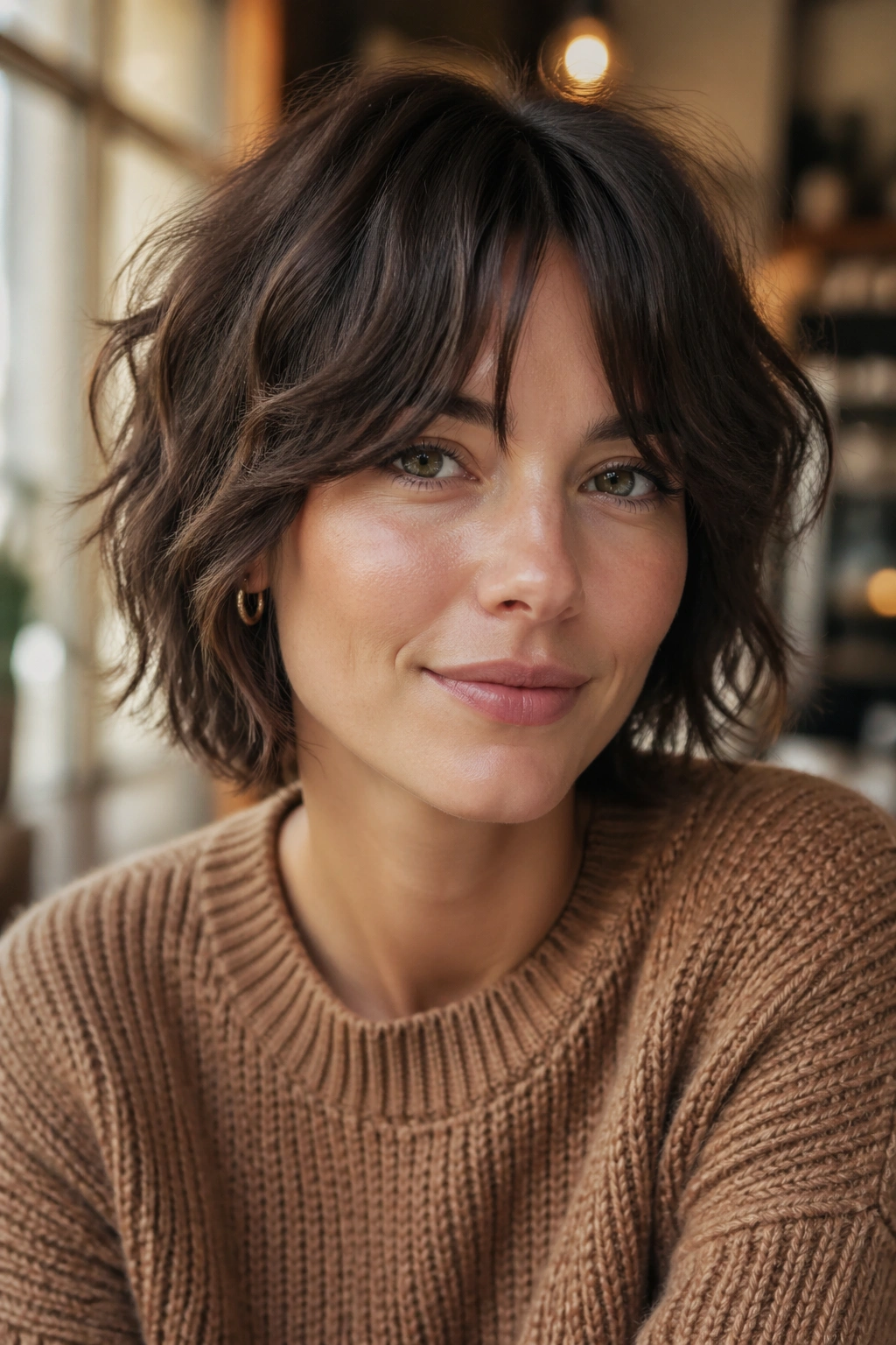 Close-up portrait of a real woman with bottleneck bangs integrated into a short shag