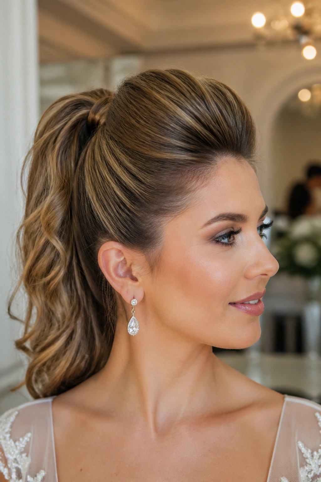 Close-up of a real bride with bouffant crown high ponytail