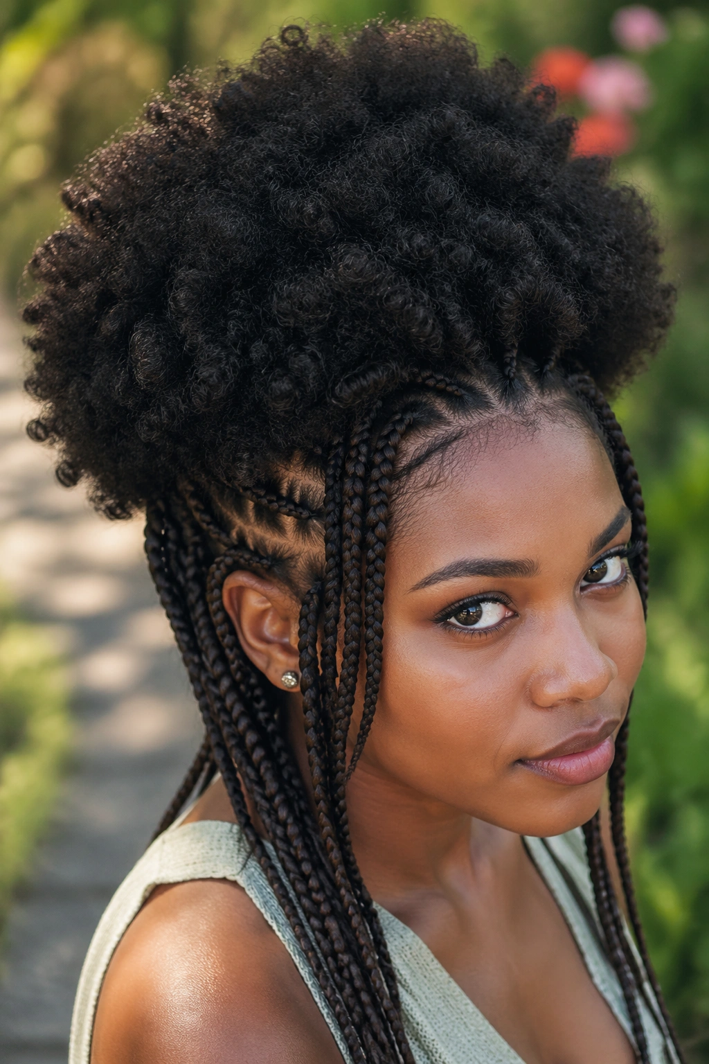 Close-up of a woman with side and back box braids around an afro crown