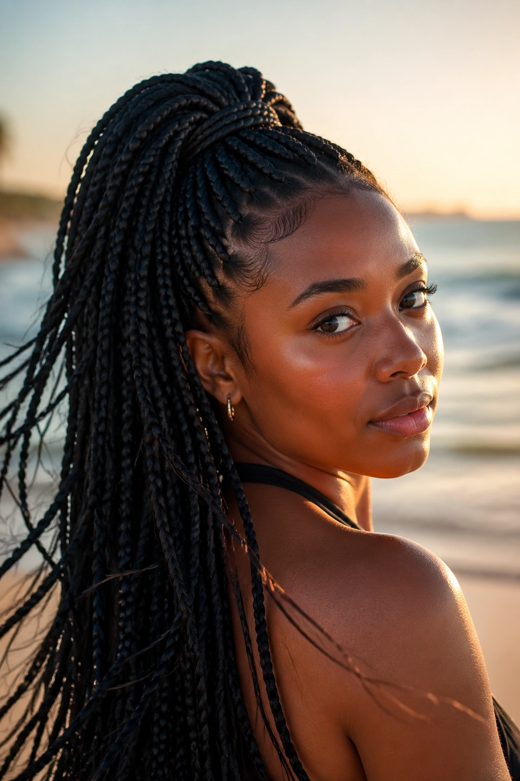 Close-up portrait of a real woman with box braids at the beach