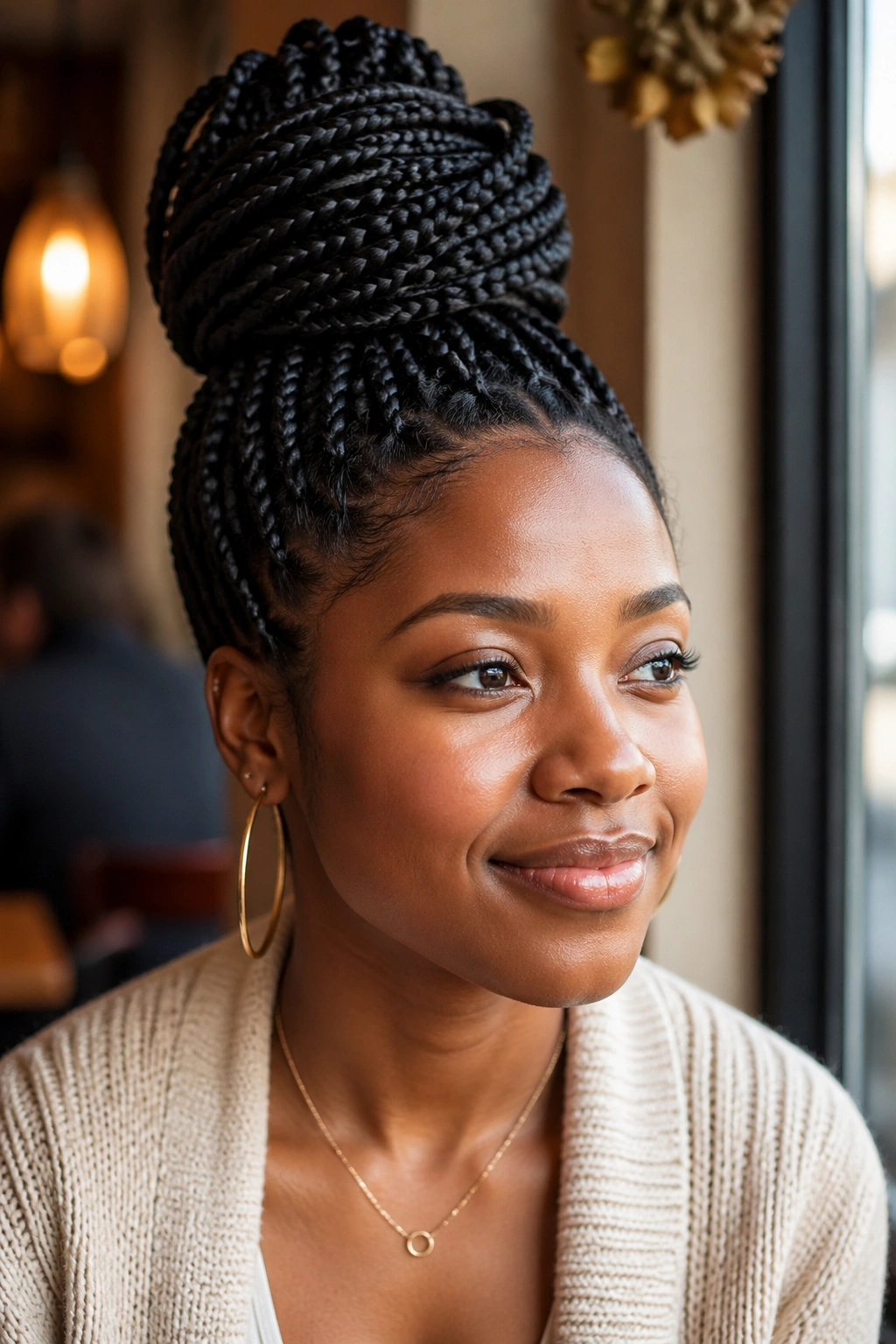 Real person with box braids crowned bun portrait