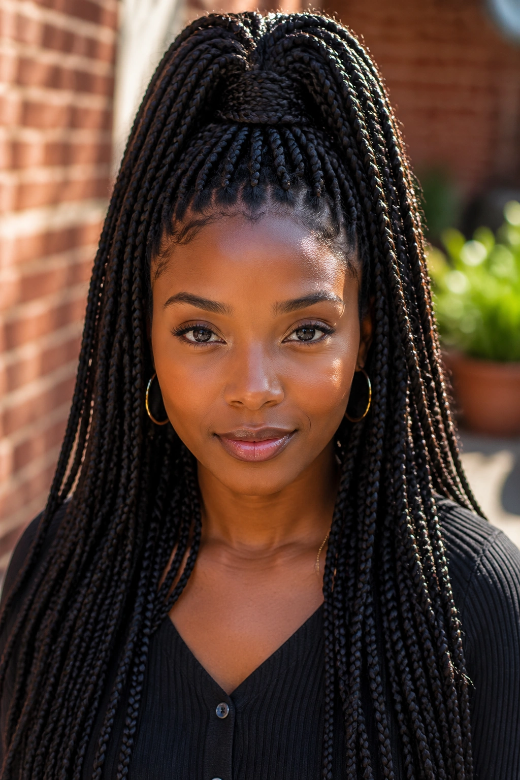 Close-up of box braids in a high ponytail at crown, real person in sunlit courtyard