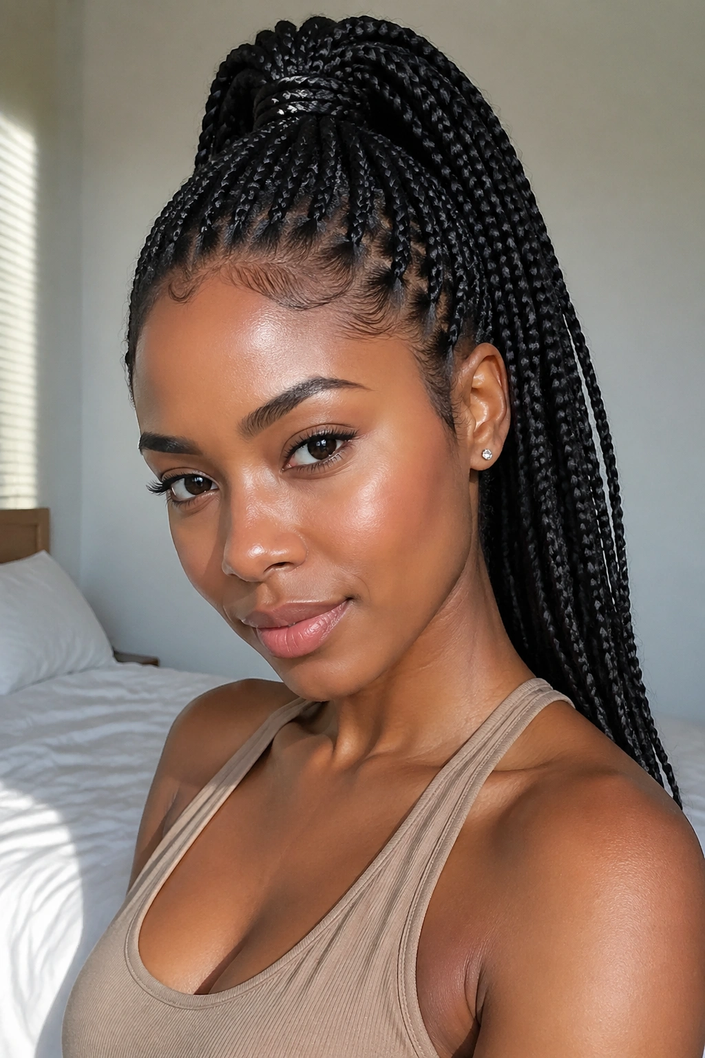 Portrait of woman with high box braid ponytail at crown