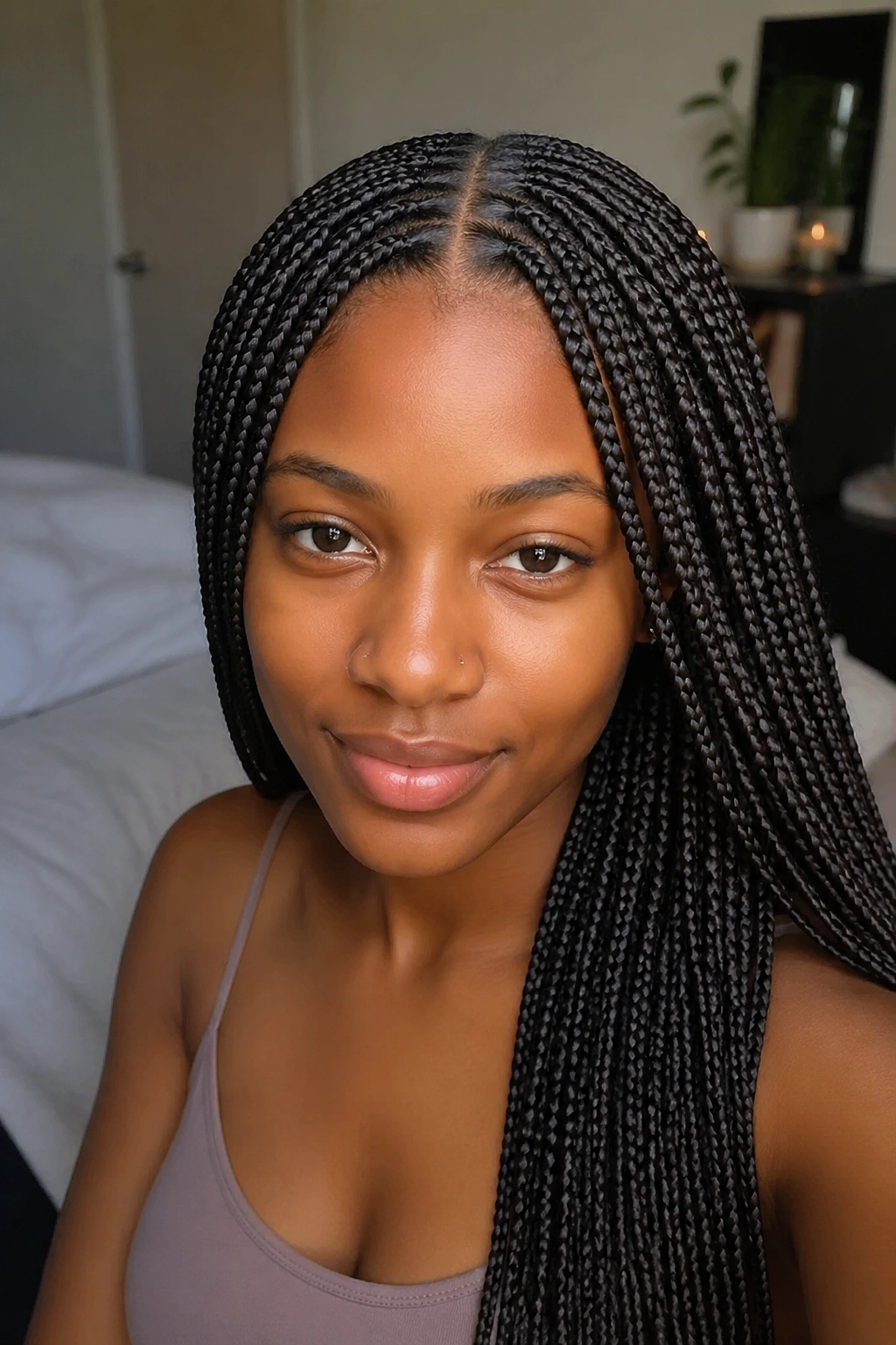 Close-up of a real woman with a center-parted small box braid hairstyle.