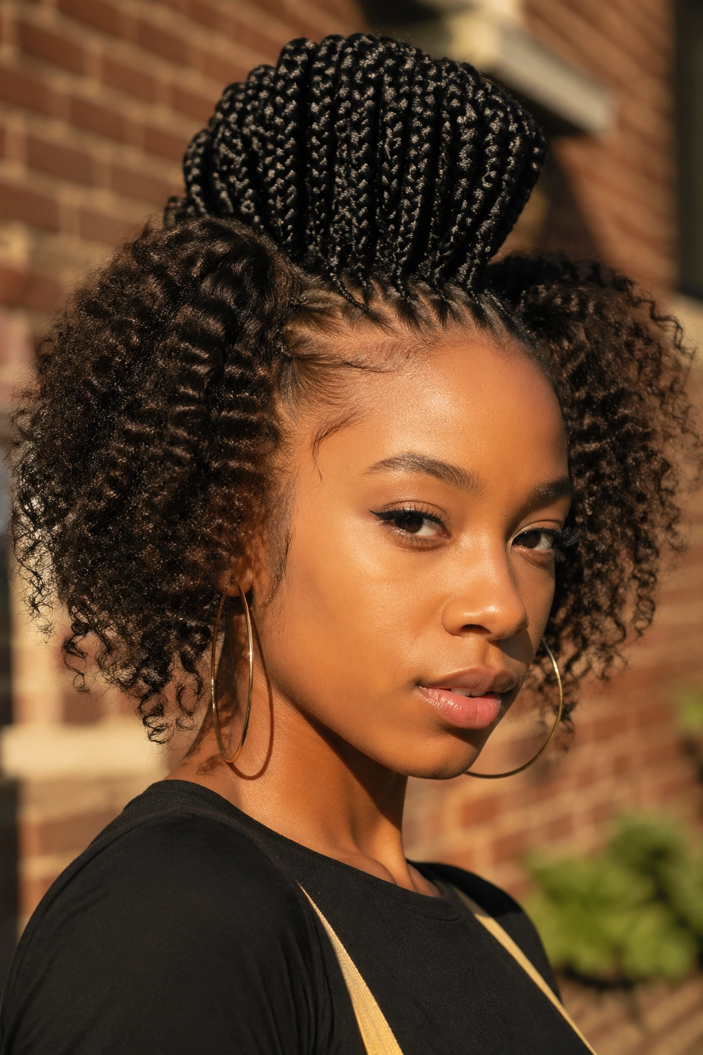 Close-up of a real person with a box braid mohawk and curly sides