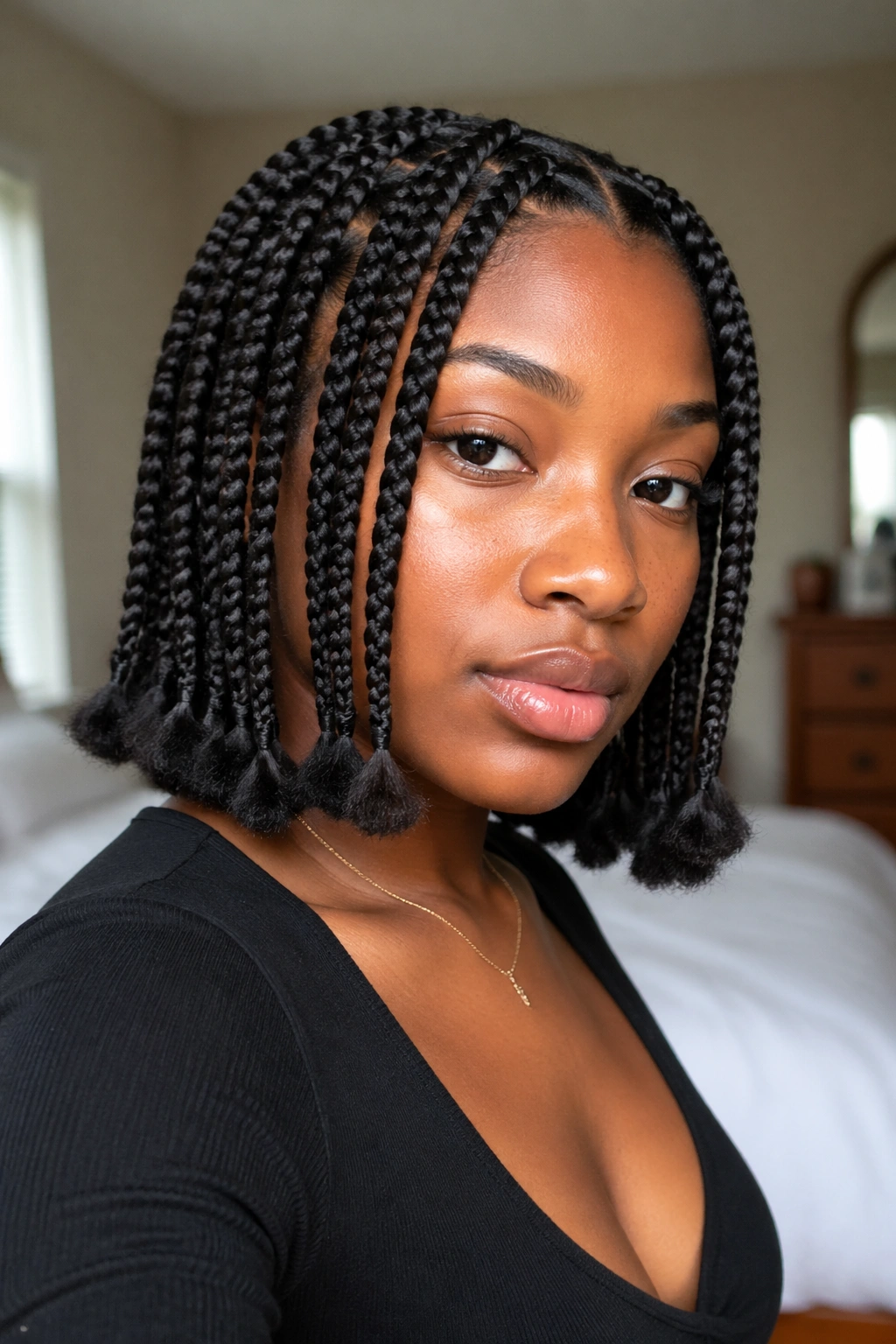 Close-up of a real woman with natural box braids made from her own hair
