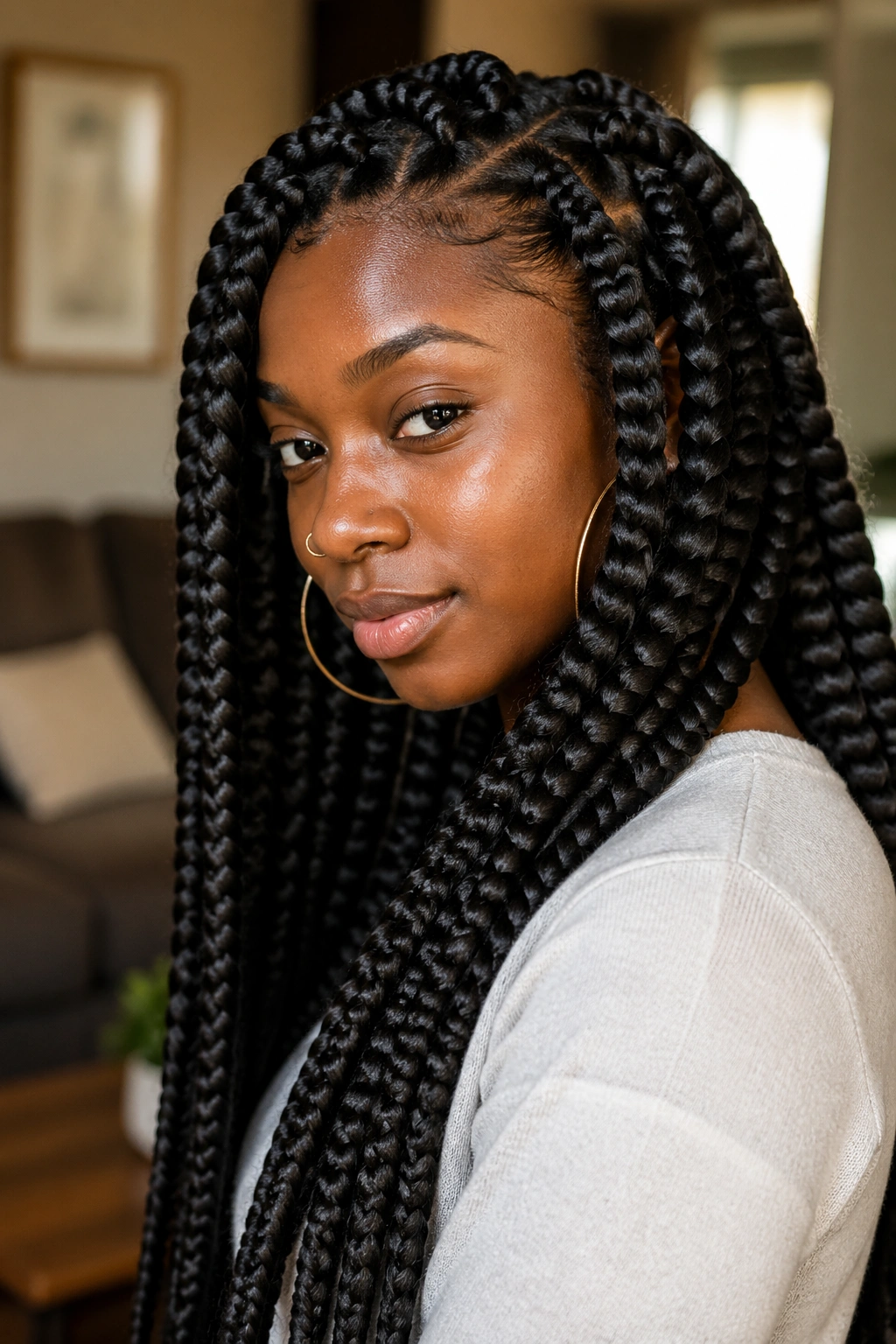 Real person wearing thick jumbo box braids with bulk and texture