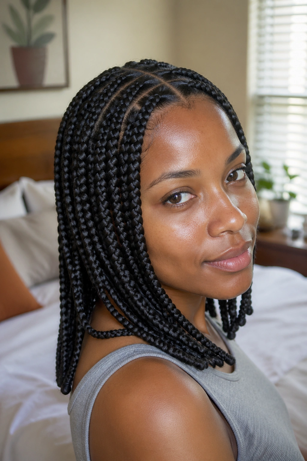 Close-up of a real person with neatly tucked box braids in warm window light