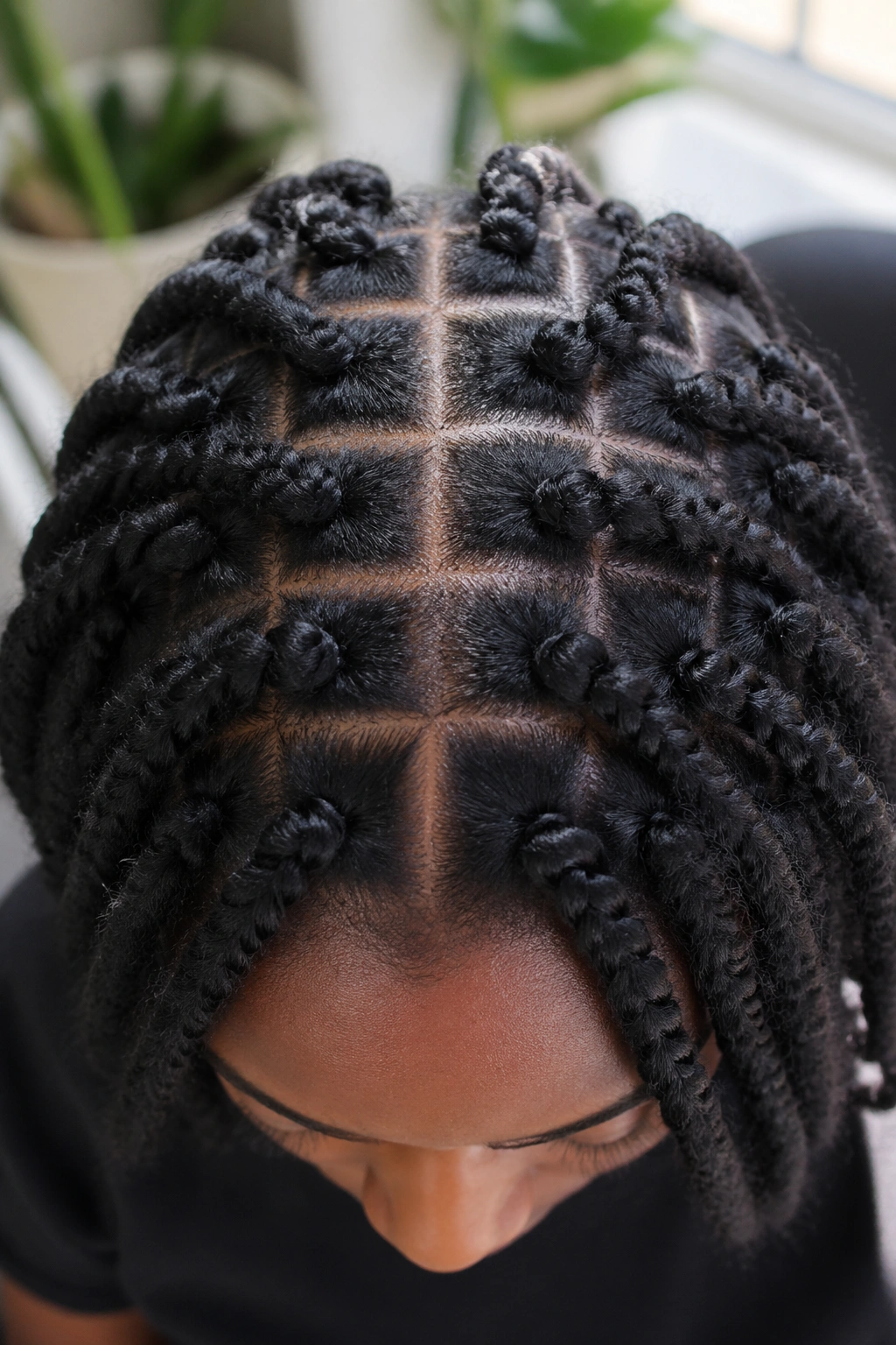 Top-down view of a real woman's scalp with box-part Marley twists forming a grid