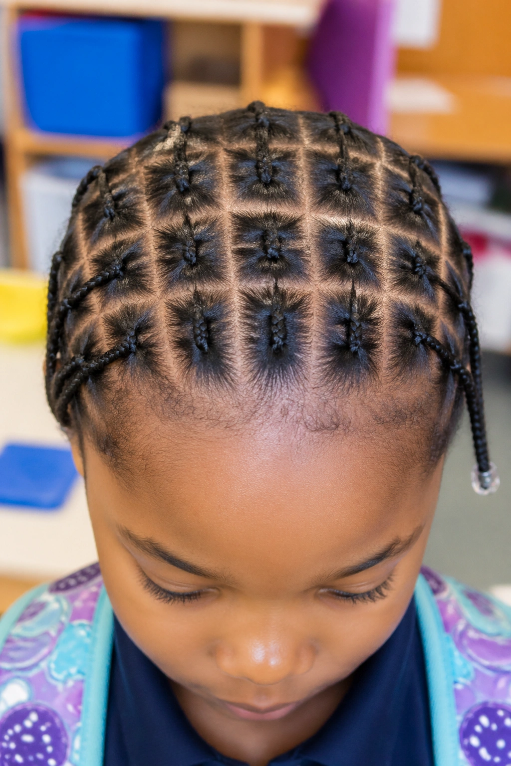 Top-down close-up of real child head with box-pattern needle cornrows
