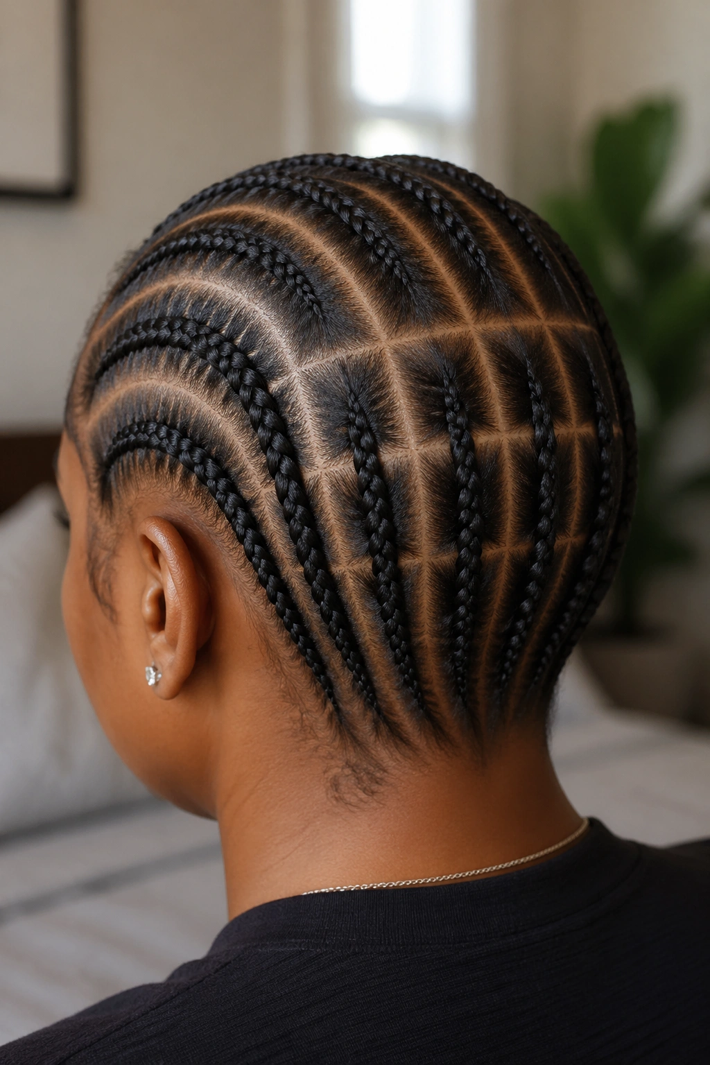 Close-up of real person with box-shaped cornrows at the back