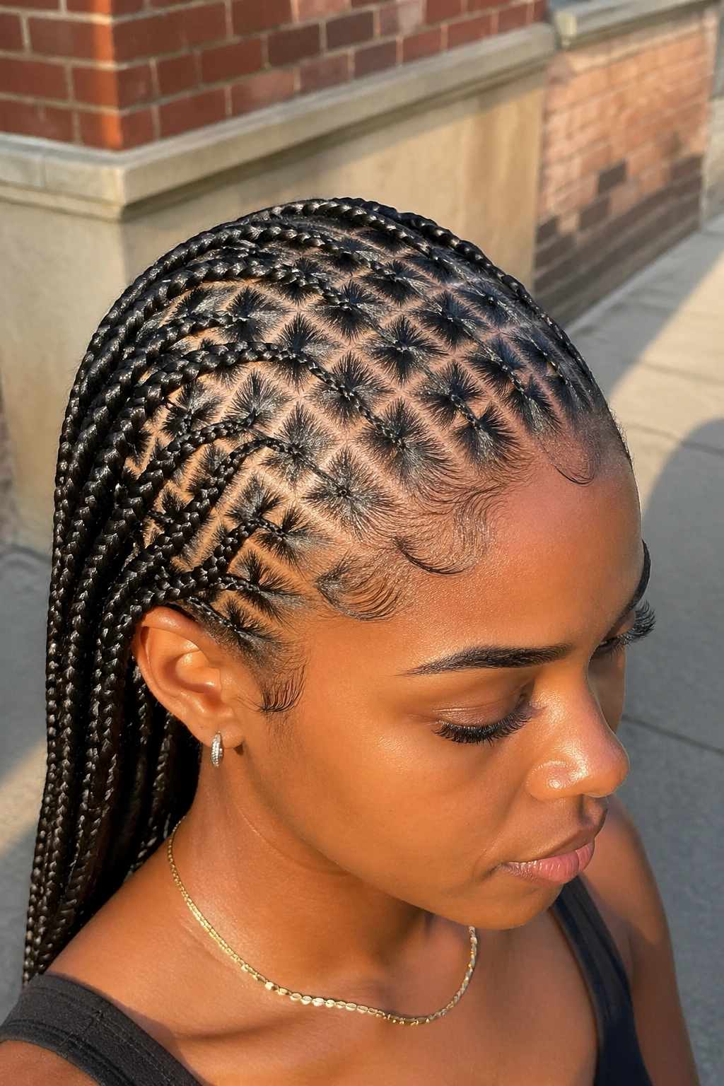 Close-up of a real woman with an intricate boxed pattern of small feed-in braids.