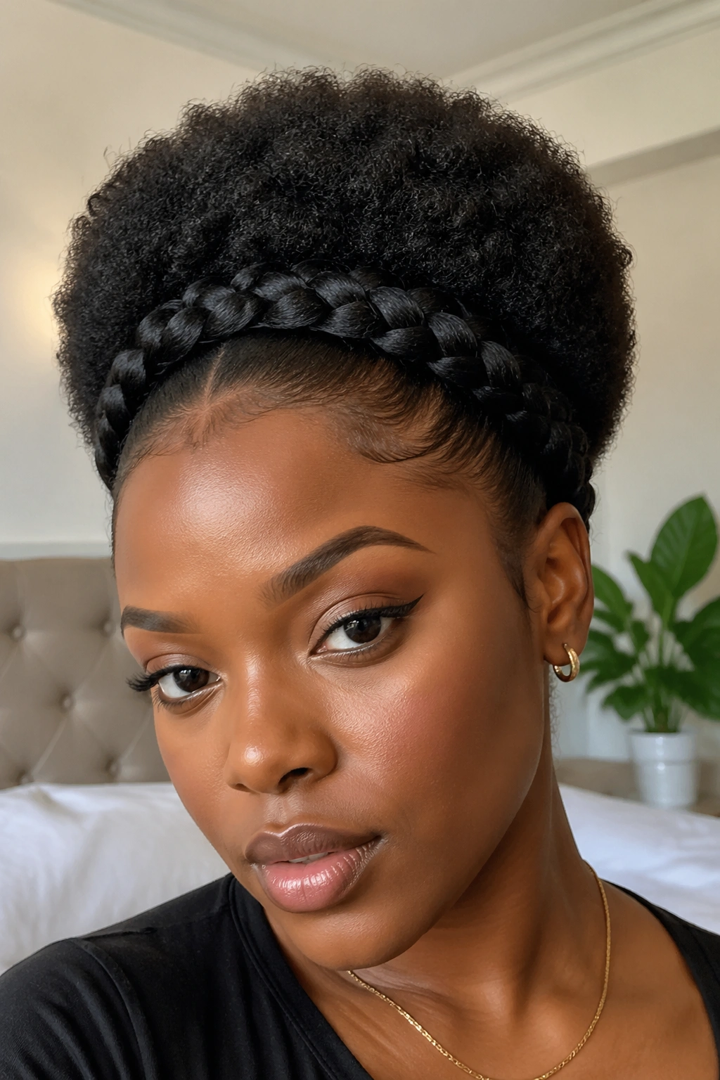 Close-up of a woman with a single braid crown and rounded Afro top