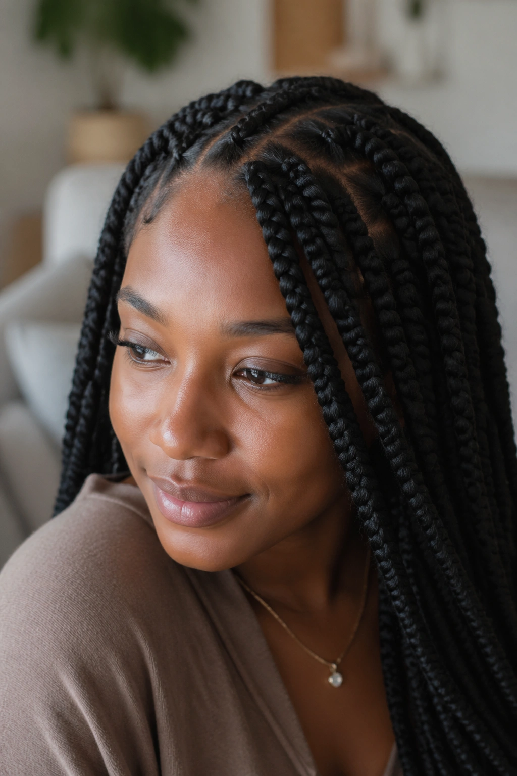 Close-up of a real person with neatly braided hair in a cozy indoor setting