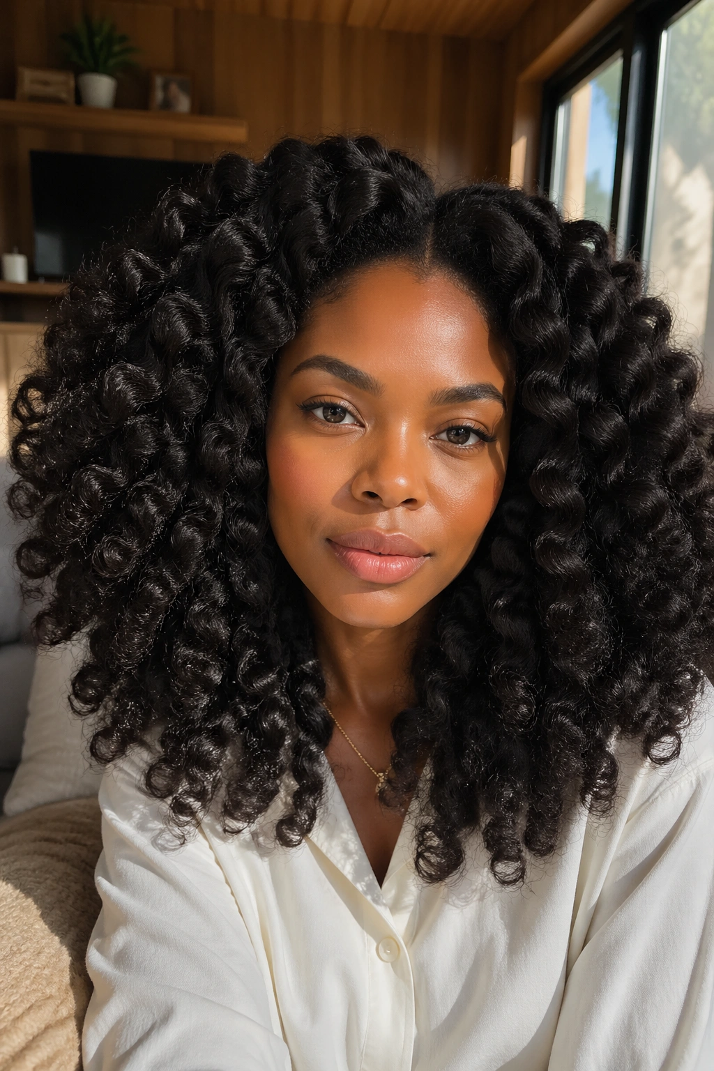 Woman with chunky braid-out waves after unraveling braids.