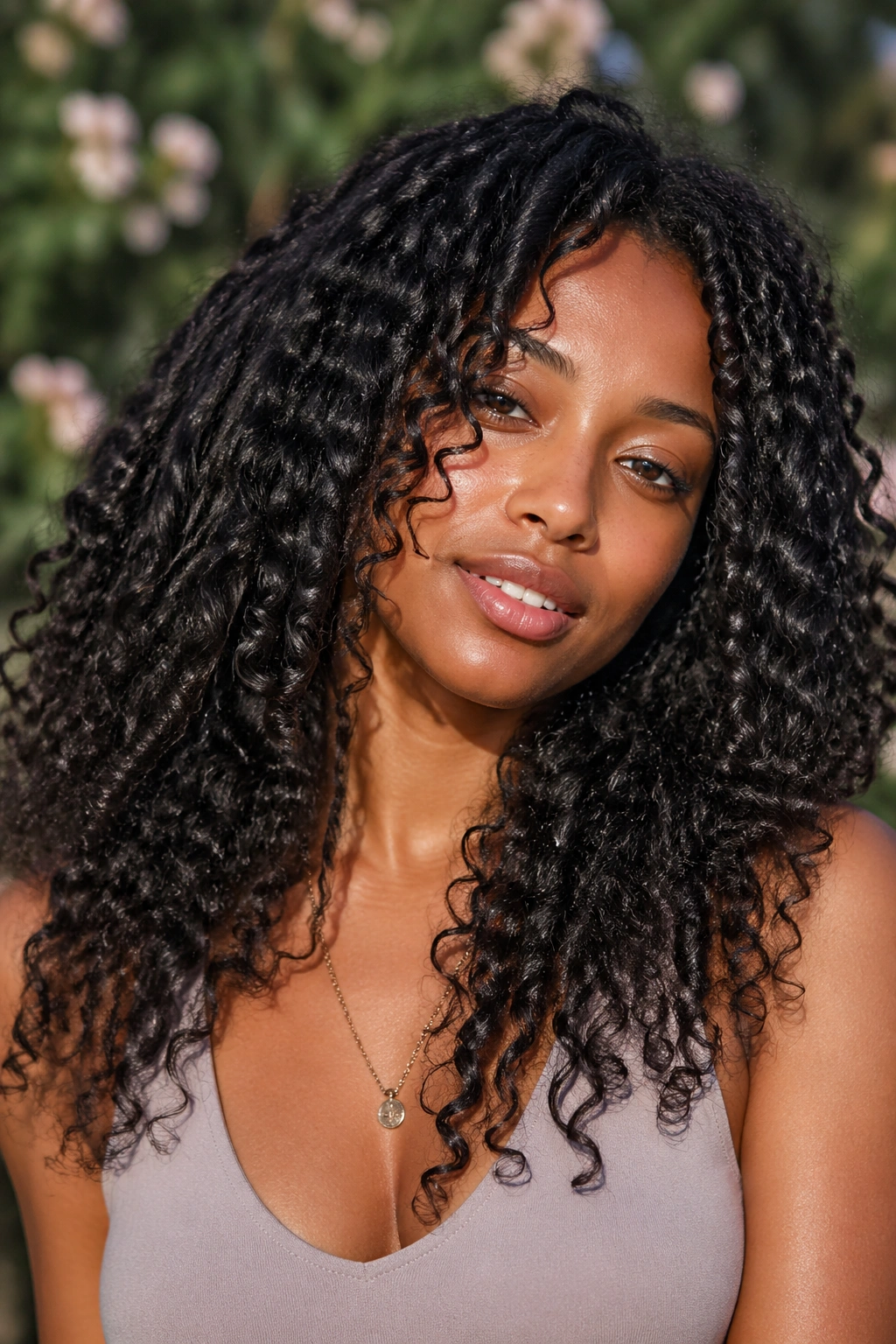 Close-up of real person with braid-out long layered cut and defined waves outdoors